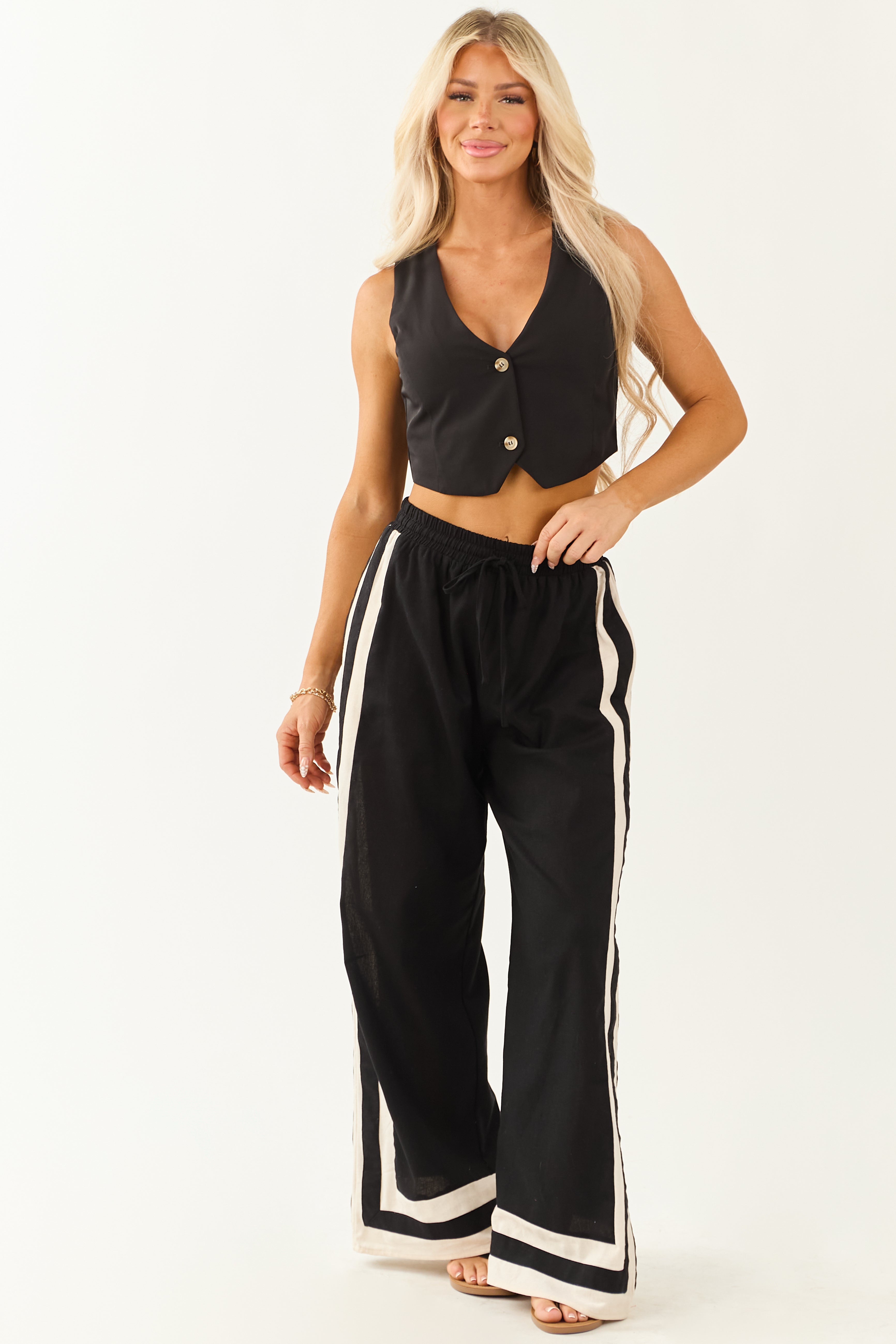 Entro Black Wide Leg Linen Blend Pants