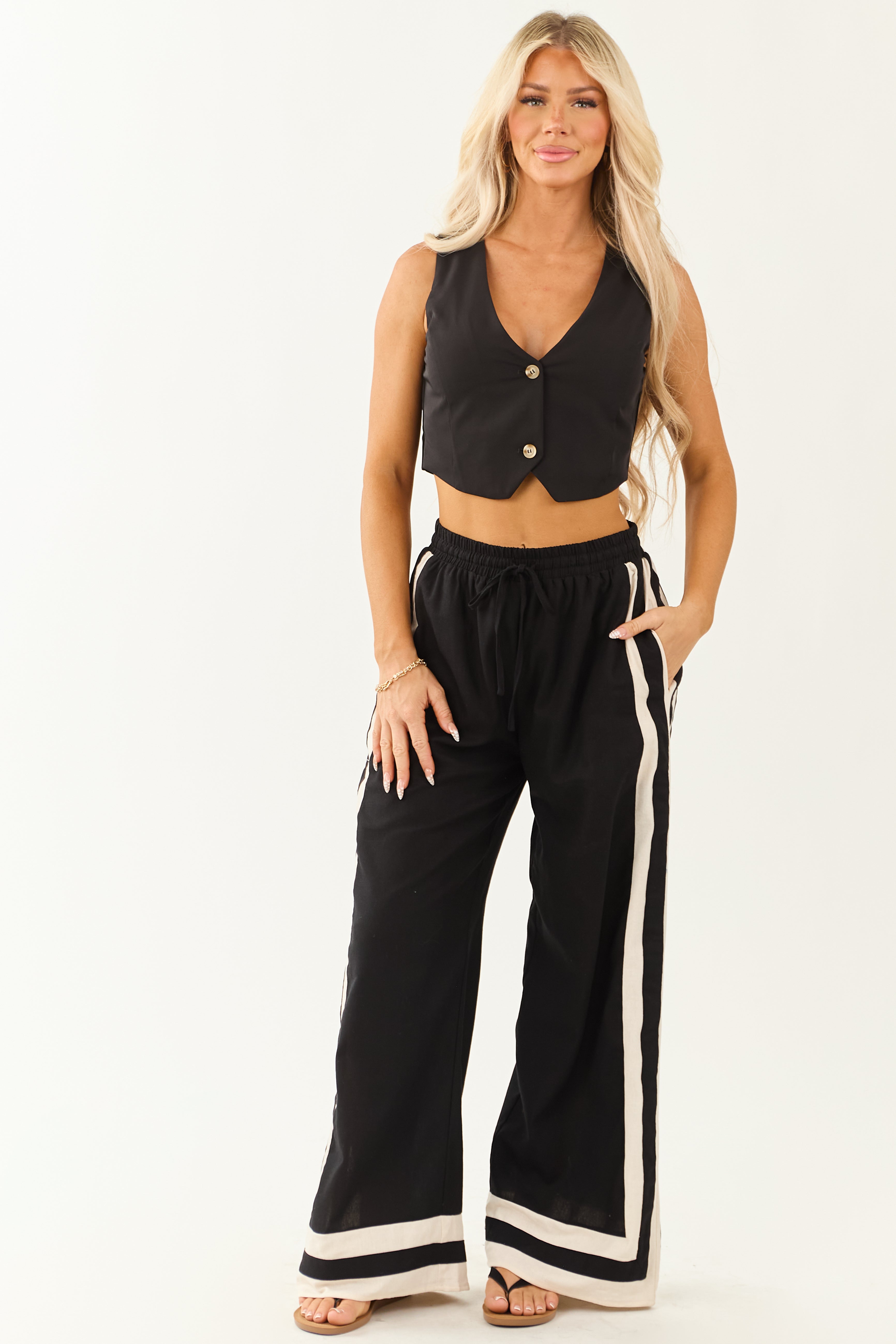 Entro Black Wide Leg Linen Blend Pants