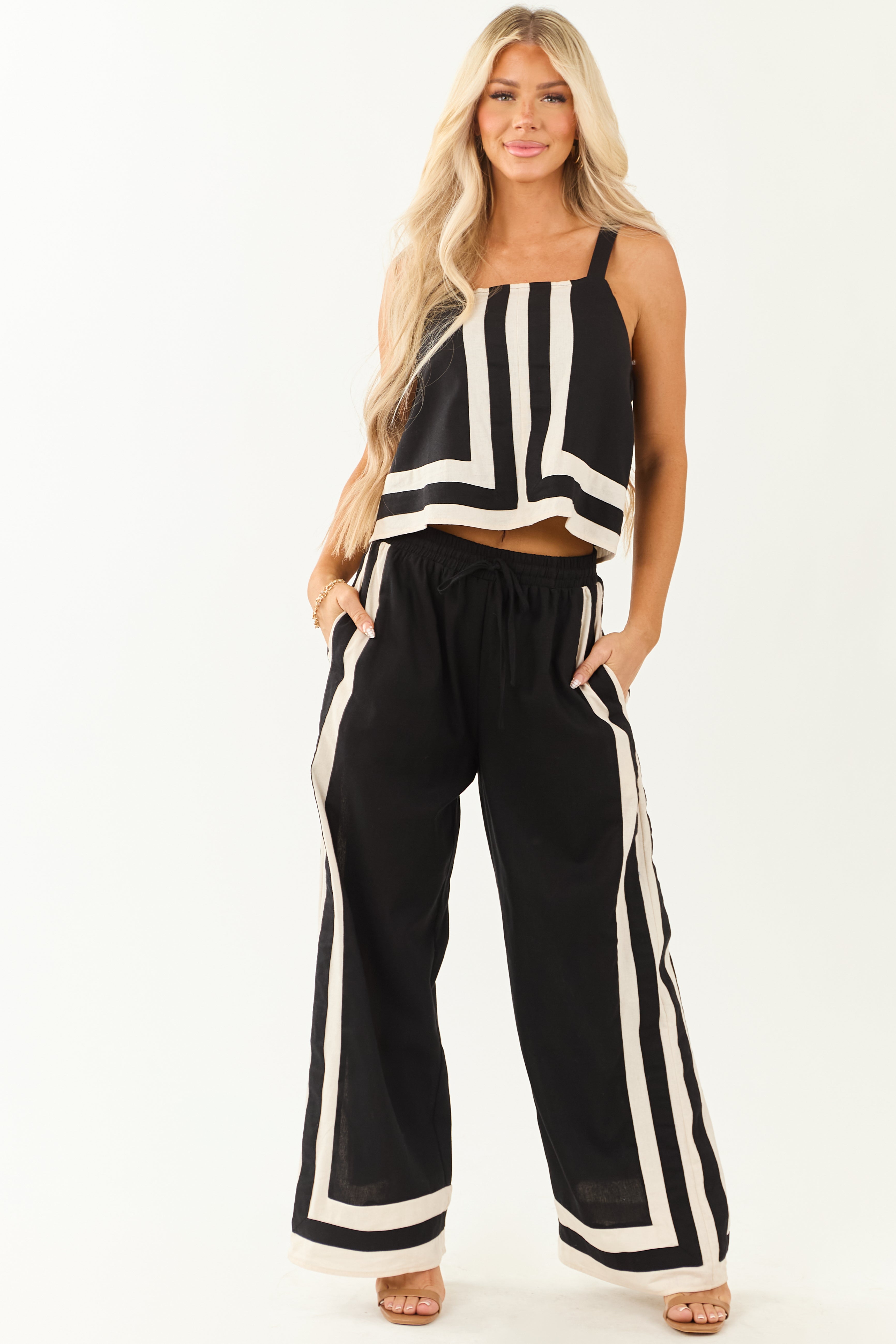 Entro Black Wide Leg Linen Blend Pants