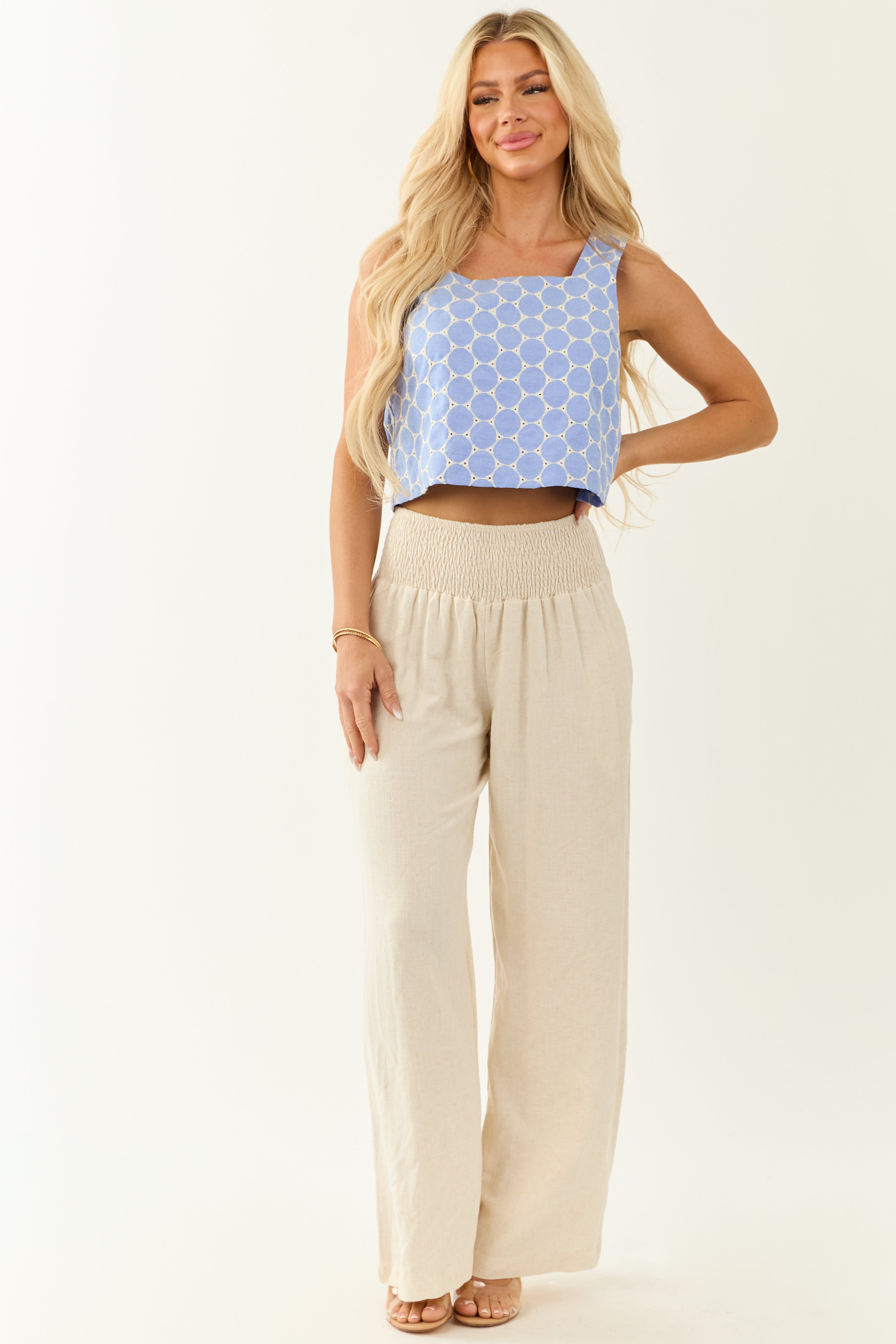 Entro Cornflower Chambray Denim Embroidered Tank Top