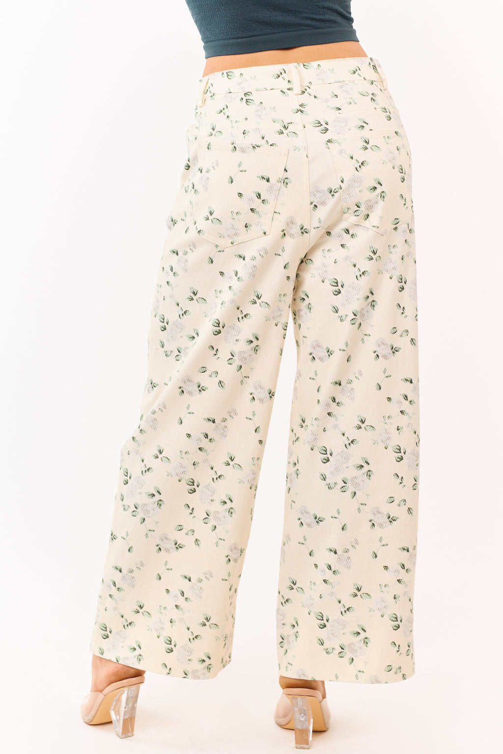 Entro Cream Floral Print Wide Leg Denim Pants