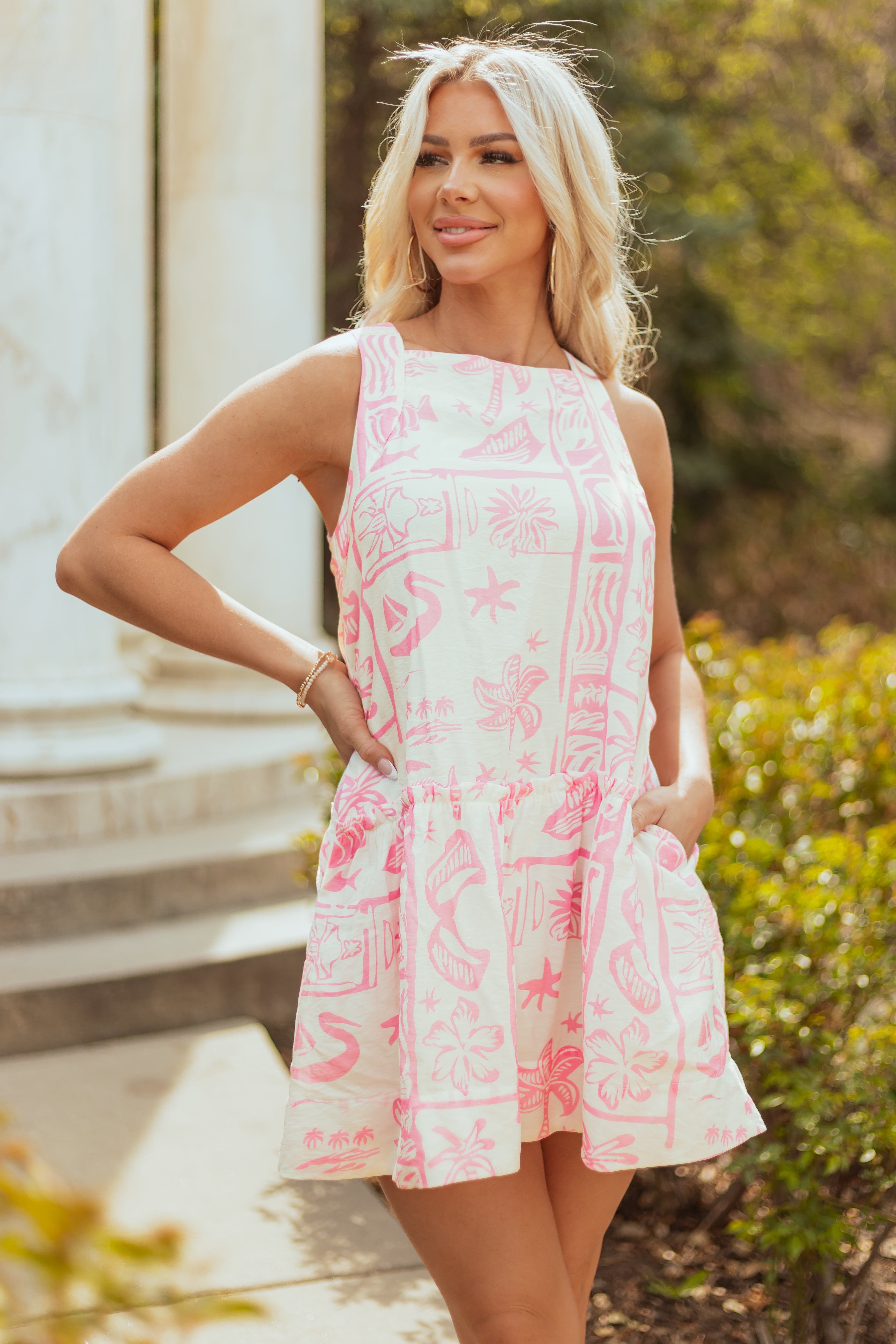 Entro Baby Pink Beach Print Sleeveless Mini Dress