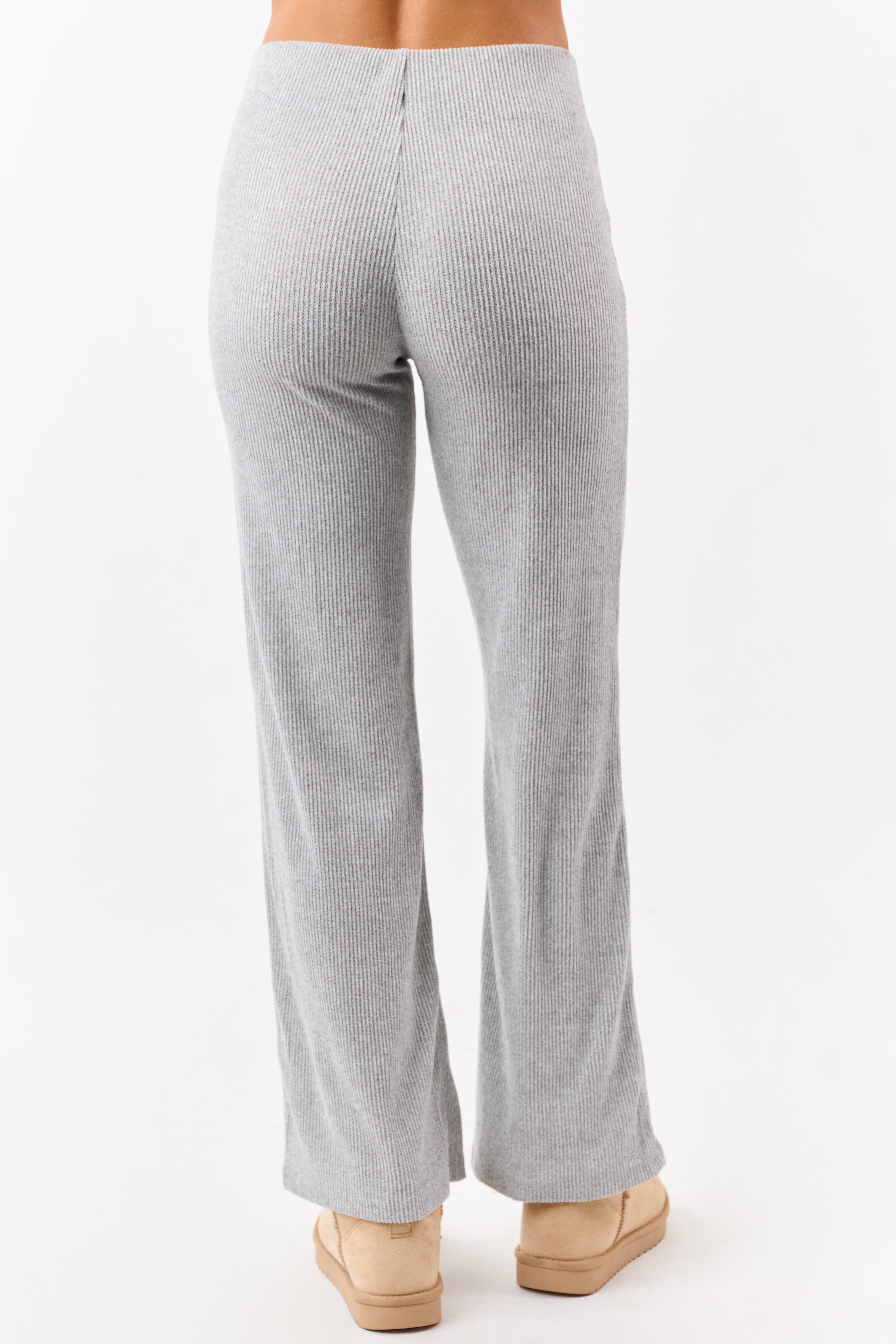 Cloud Grey Rib Knit Elastic Waist Wide Leg Pants