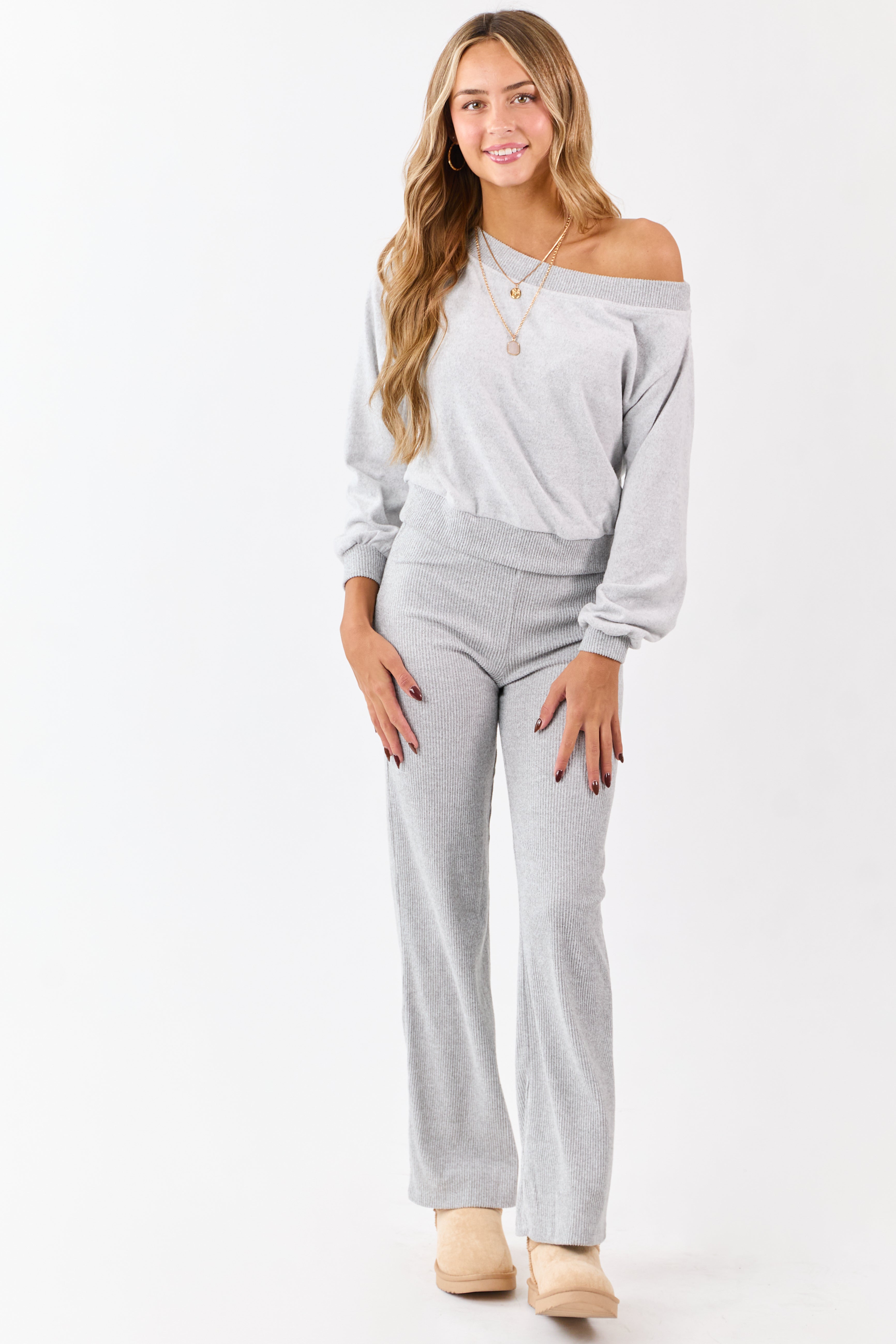 Cloud Grey Rib Knit Elastic Waist Wide Leg Pants
