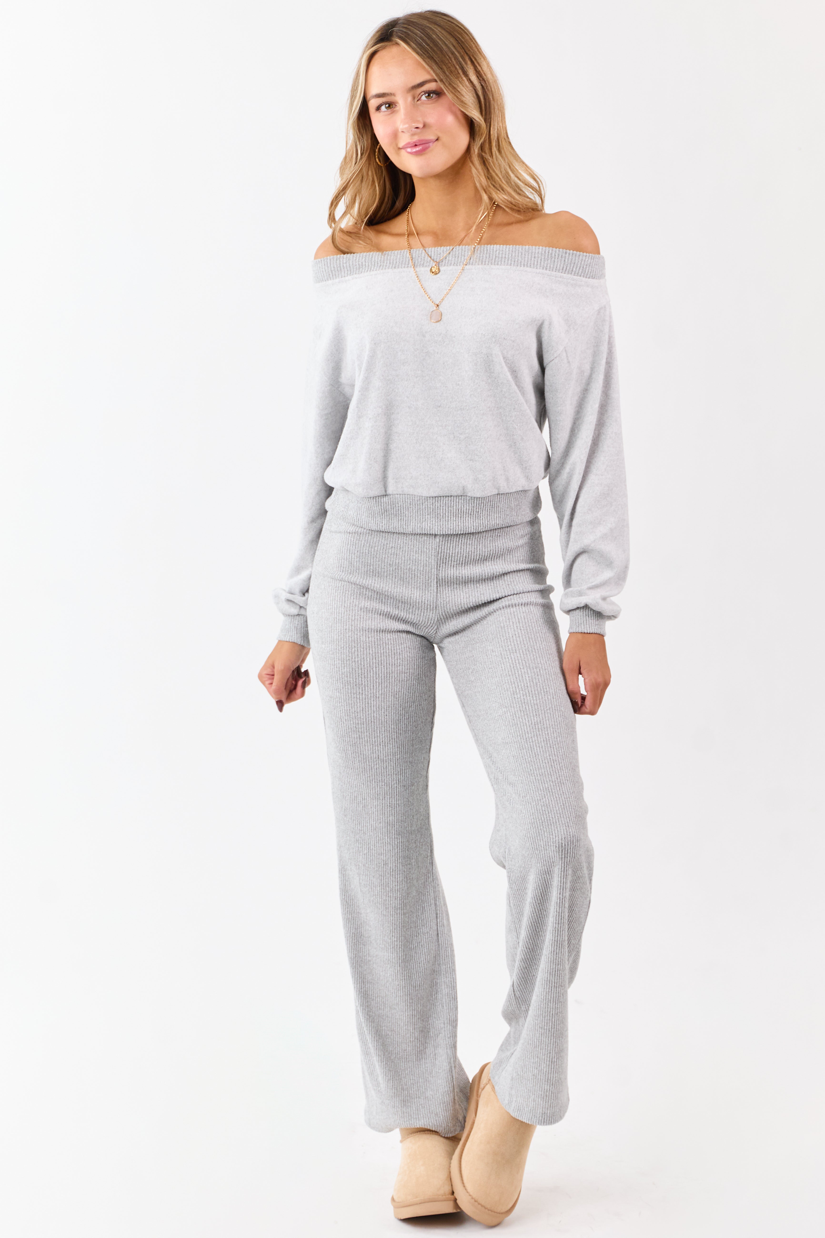 Cloud Grey Rib Knit Elastic Waist Wide Leg Pants