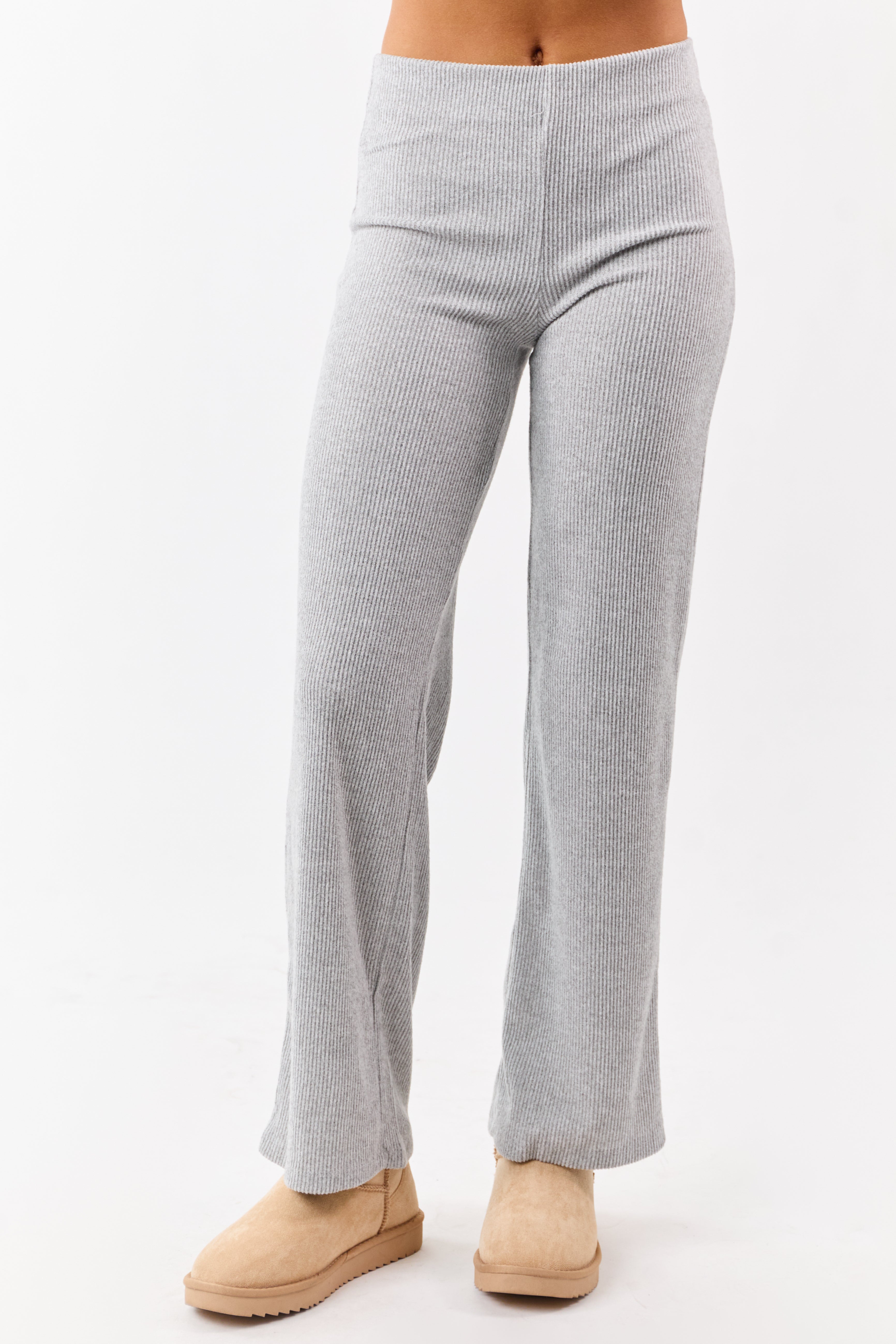 Cloud Grey Rib Knit Elastic Waist Wide Leg Pants