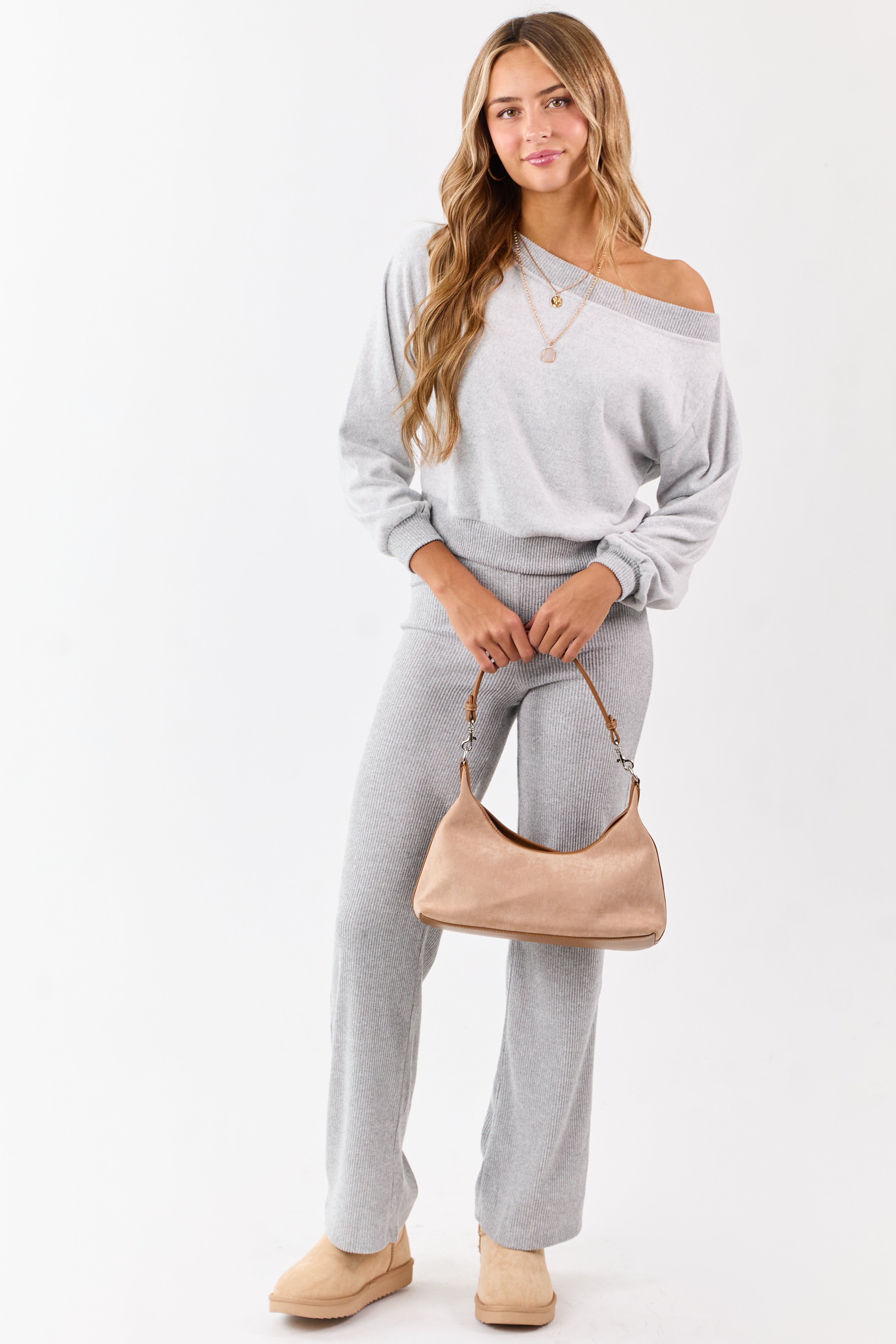 Cloud Grey Rib Knit Elastic Waist Wide Leg Pants