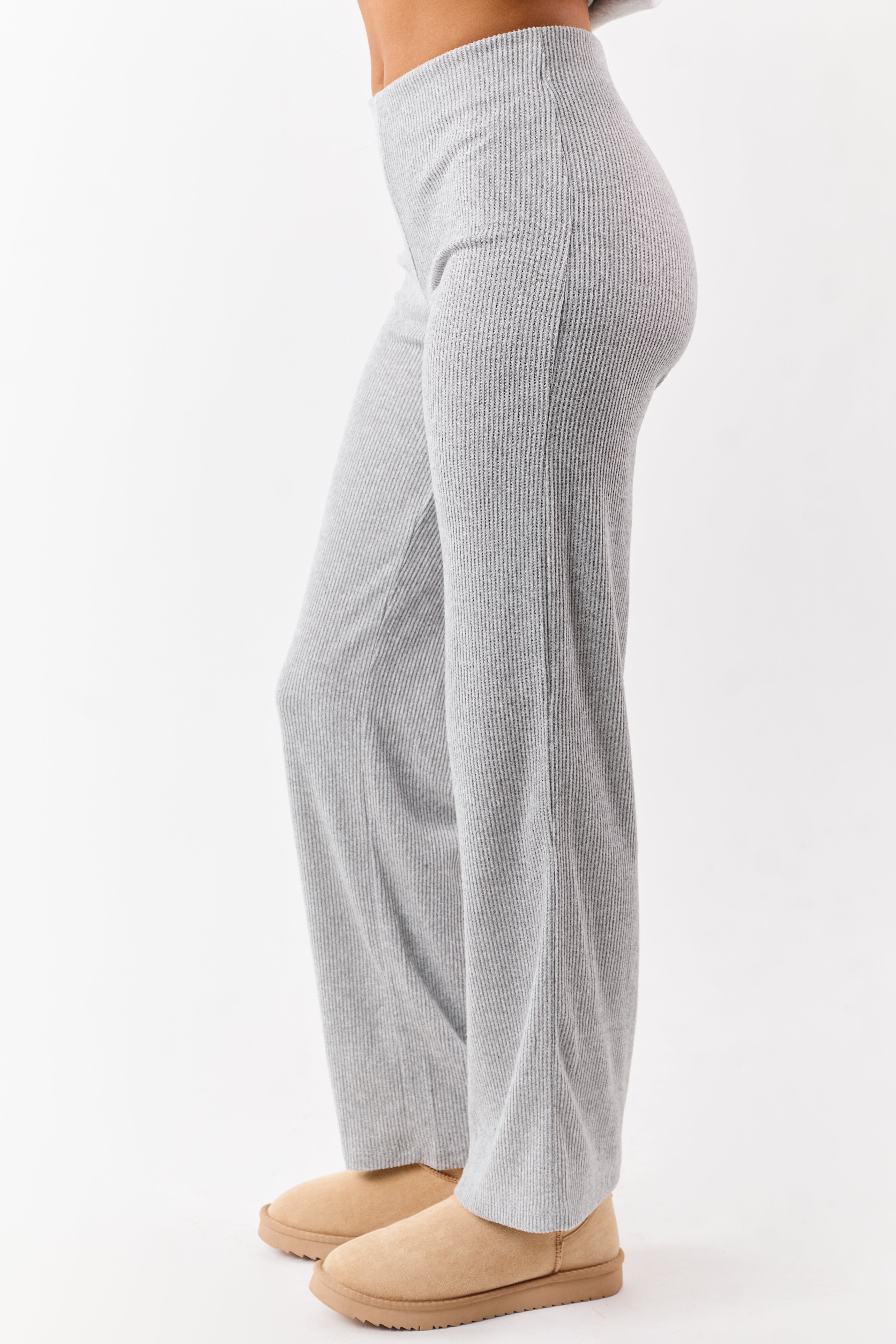 Cloud Grey Rib Knit Elastic Waist Wide Leg Pants