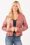 Hibiscus Faux Leather Zip Up Ruffle Jacket