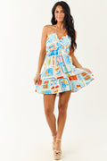 Ivory Abstract Print Halter Tie Neck Mini Dress