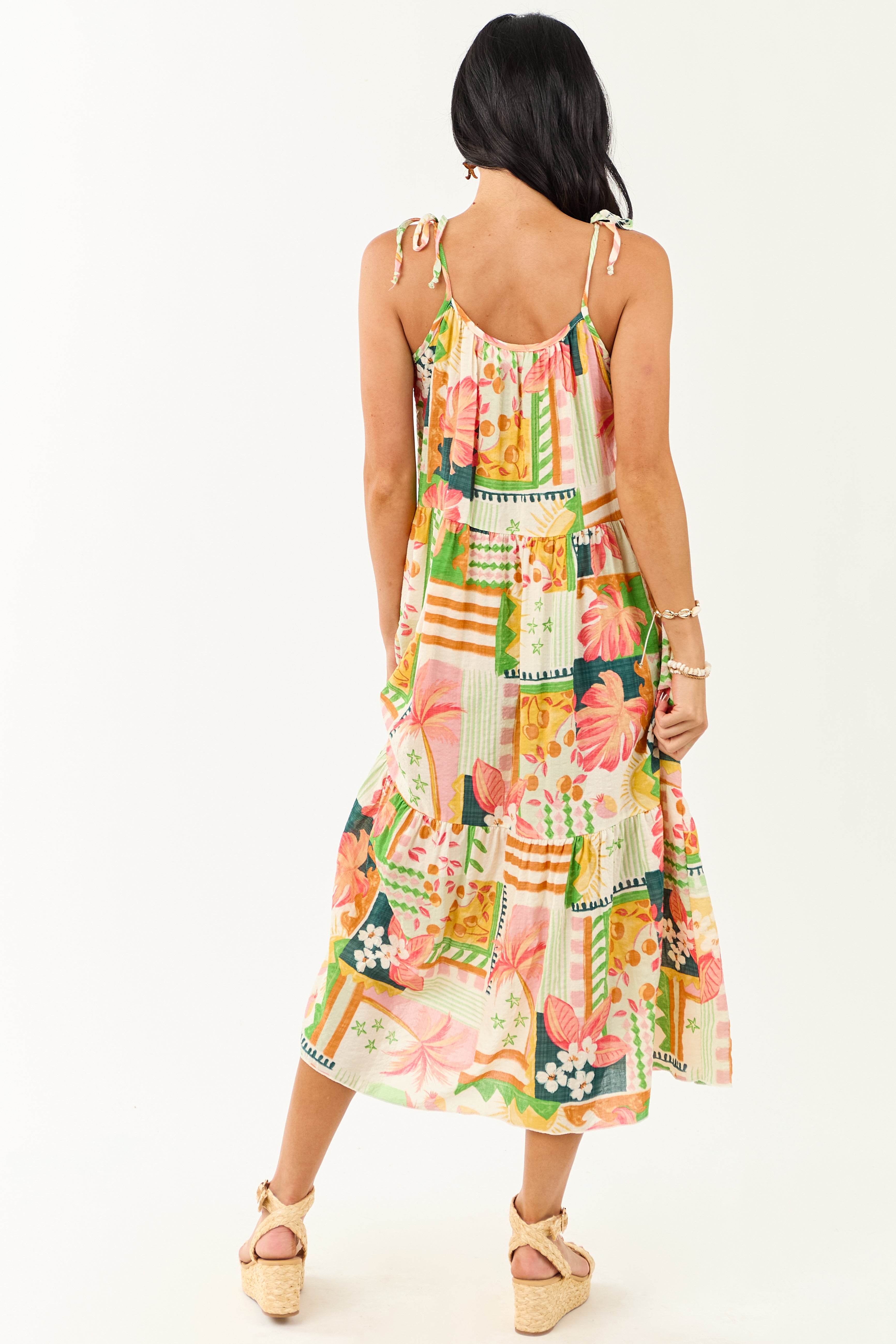 Ivory Abstract Print Tie Straps Midi Dress