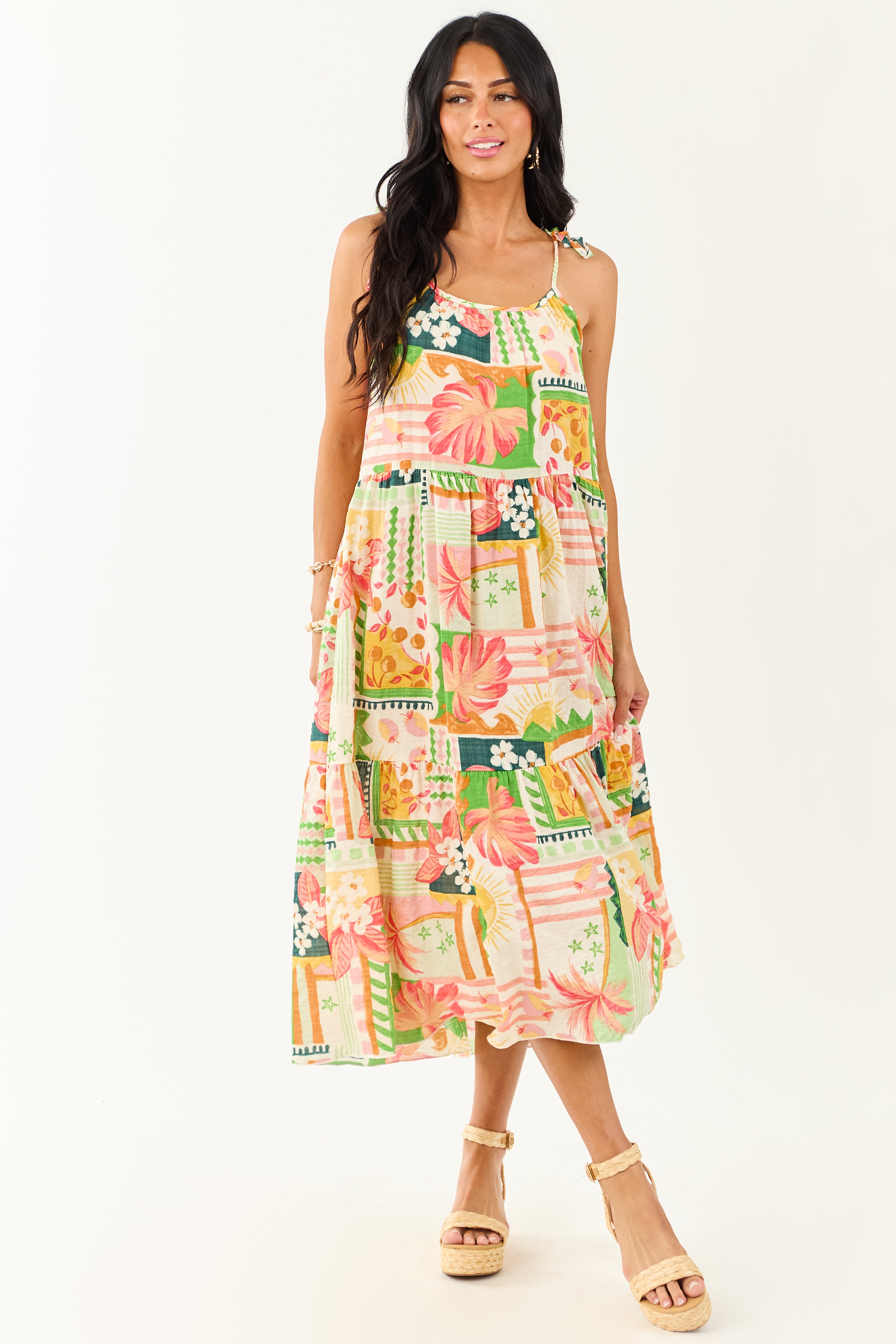 Ivory Abstract Print Tie Straps Midi Dress
