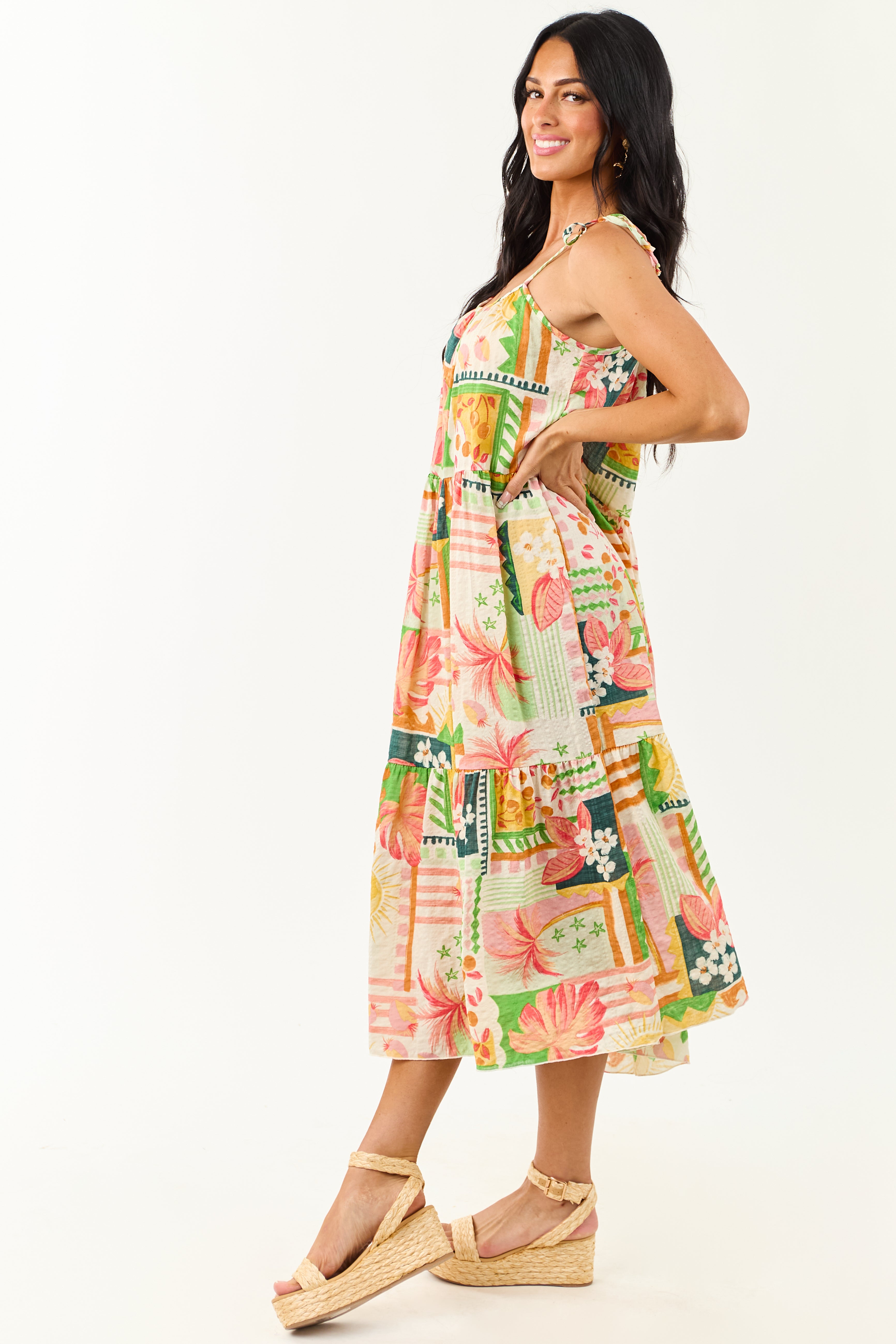 Ivory Abstract Print Tie Straps Midi Dress