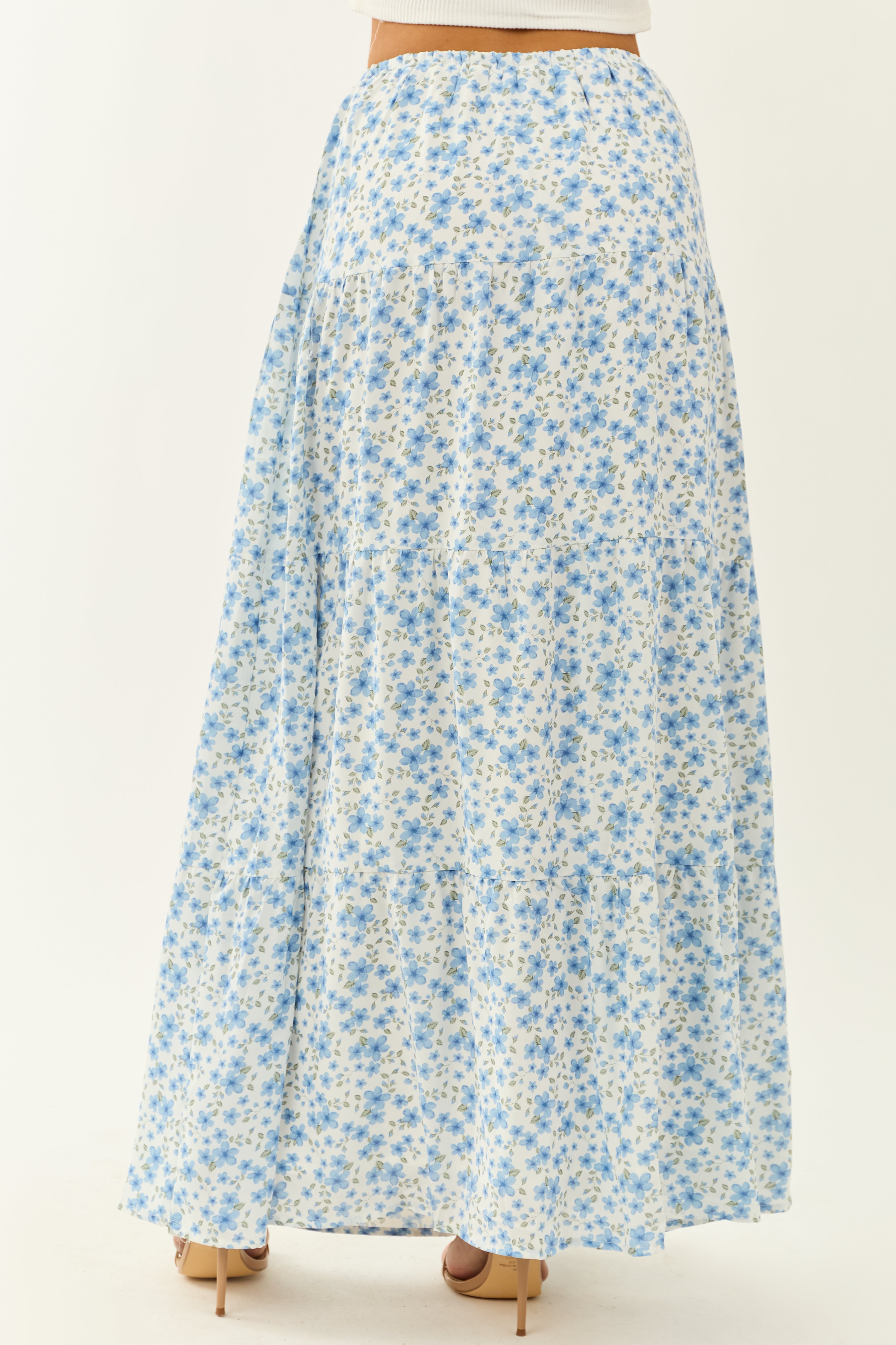 Ivory Floral Print Tiered Flowy Maxi Skirt