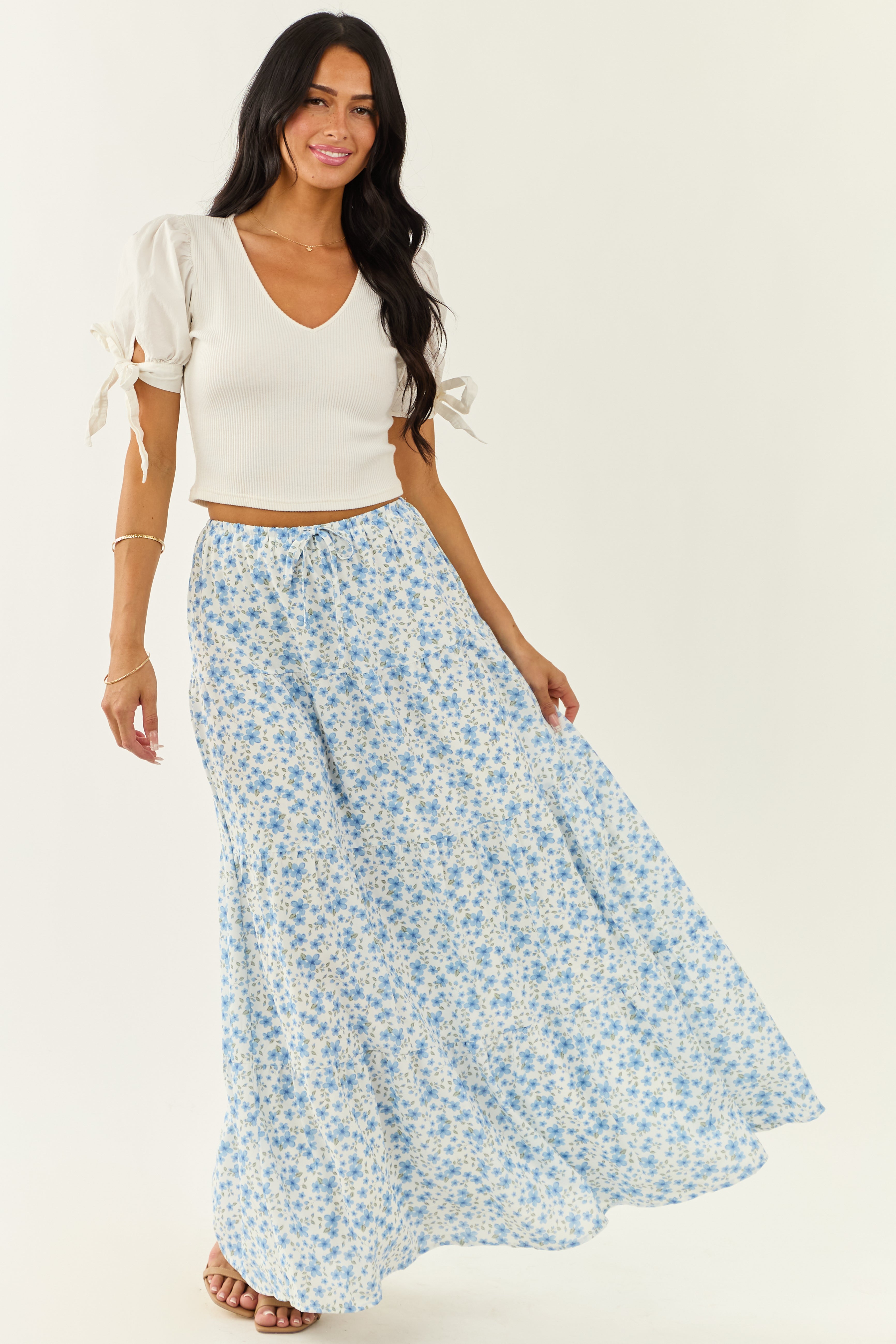 Ivory Floral Print Tiered Flowy Maxi Skirt