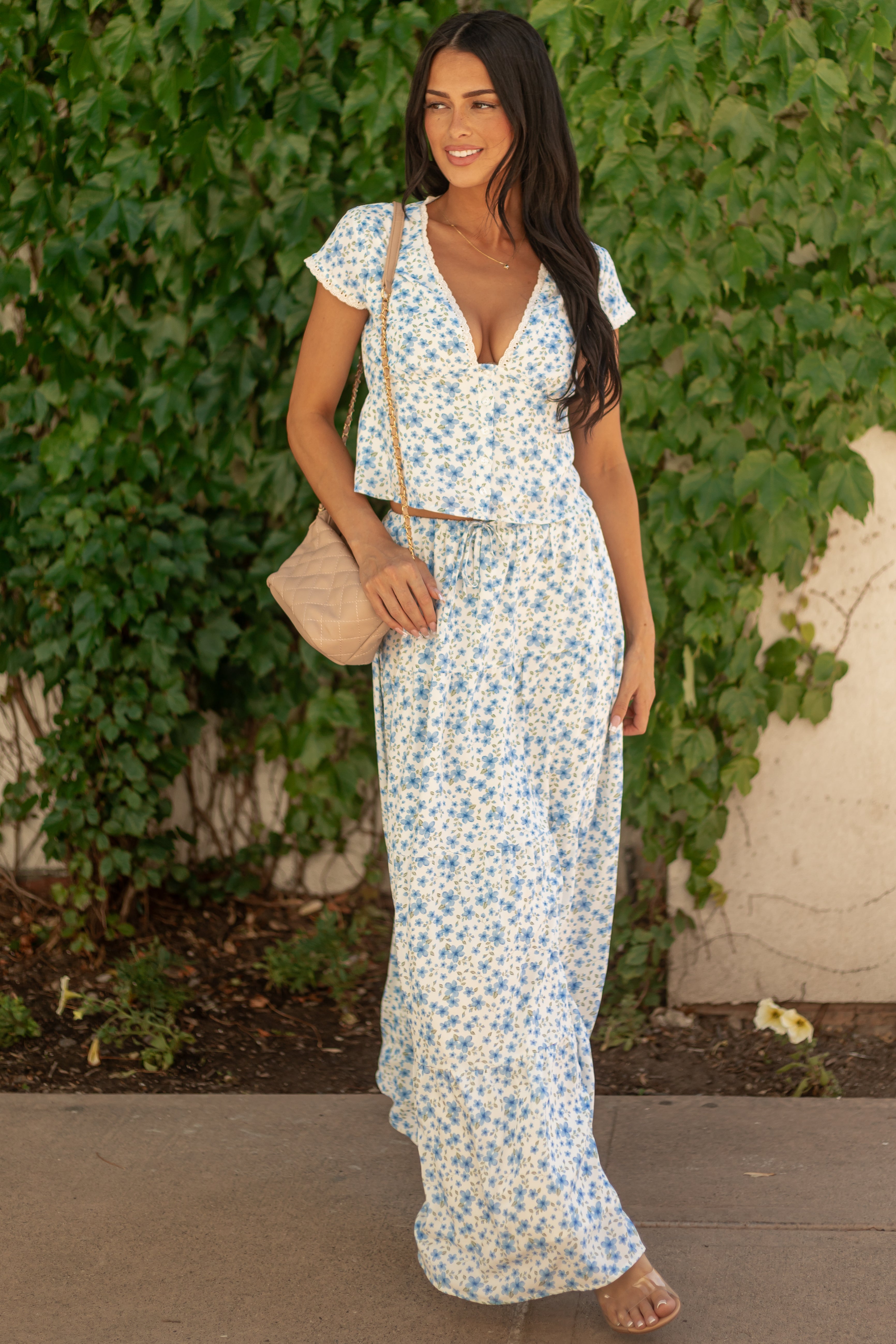 Ivory Floral Print Tiered Flowy Maxi Skirt