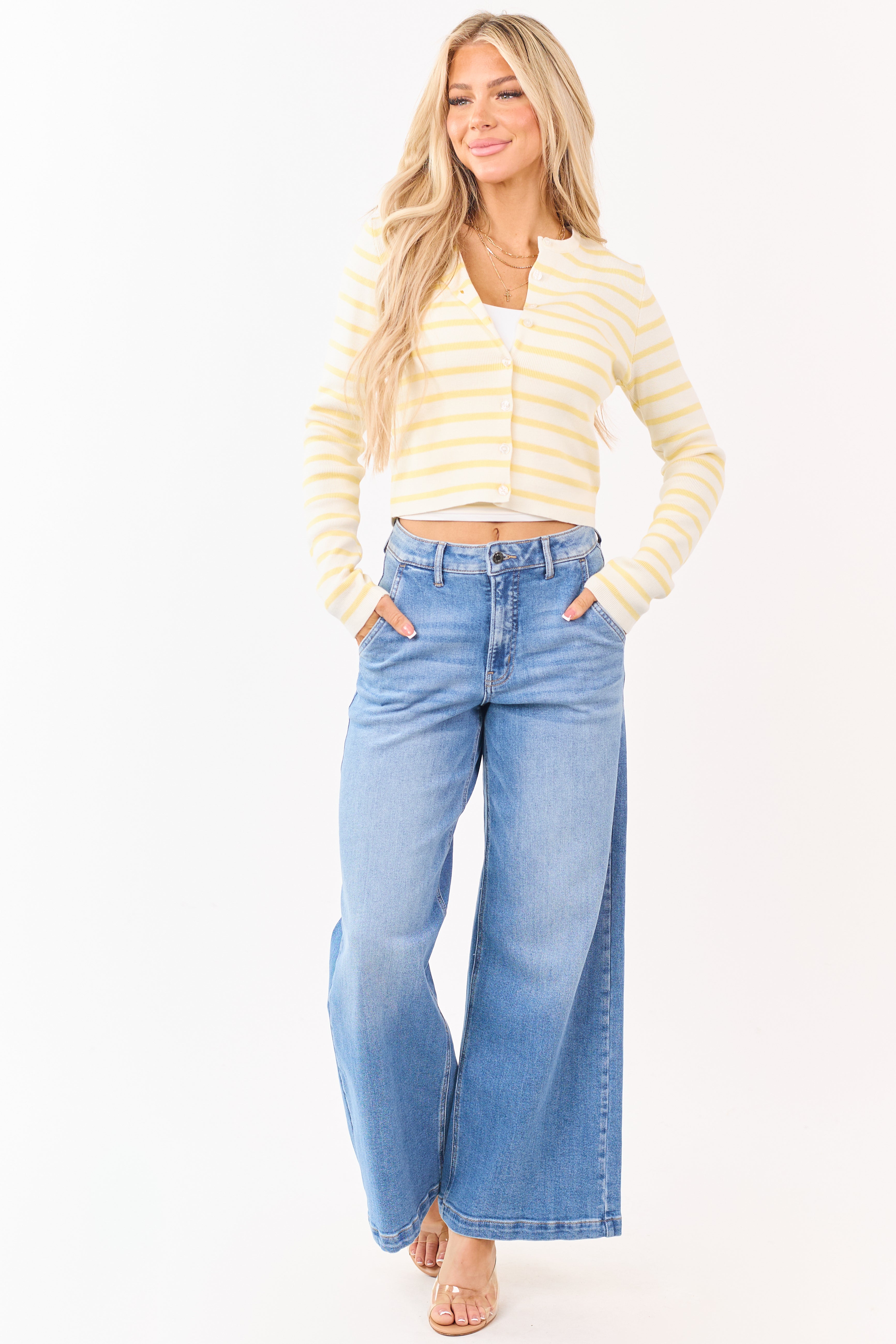 Ivory and Buttercream Striped Button Up Cardigan