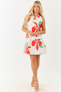 Ivory and Scarlet Tropical Print Tent Style Mini Dress