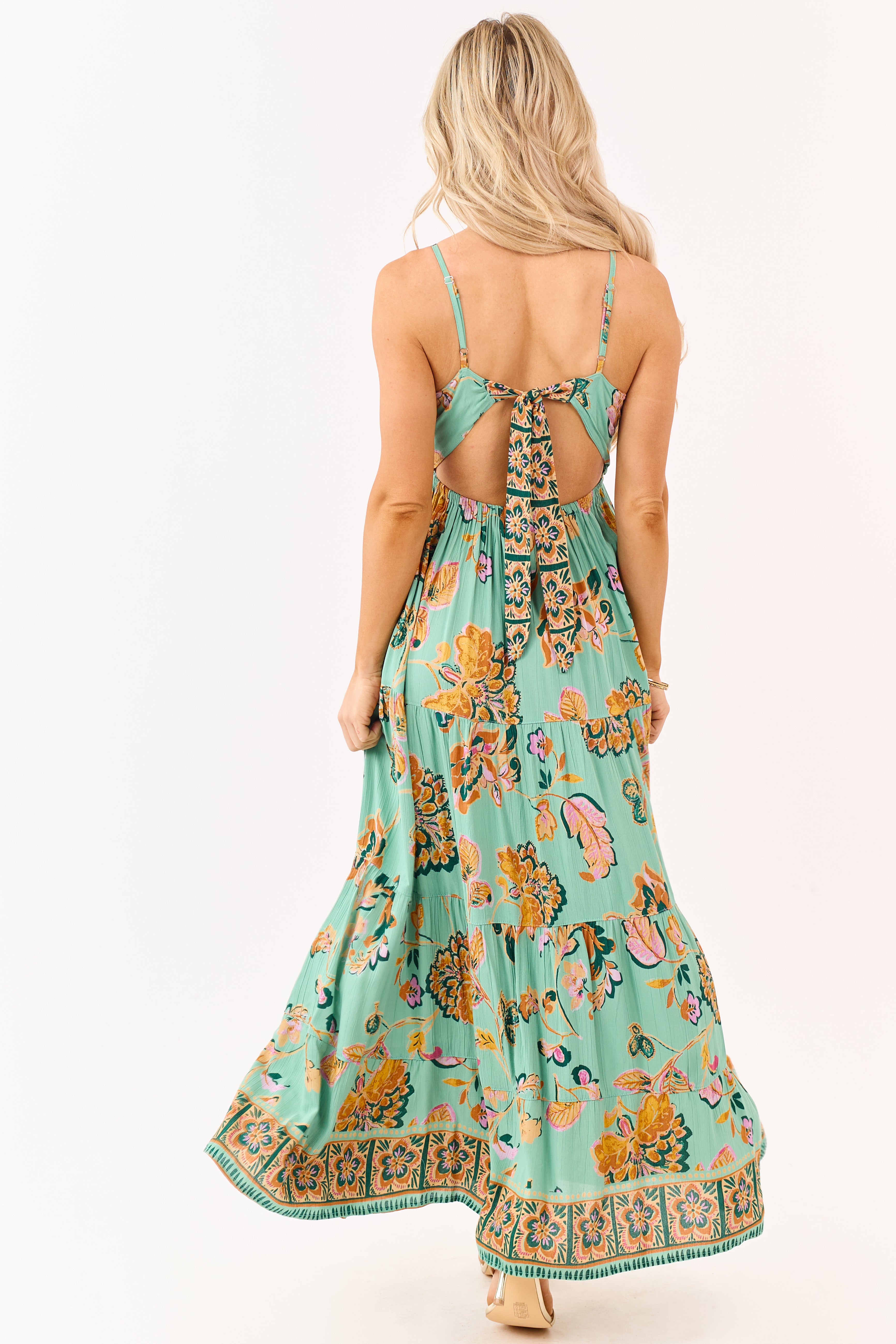 Jungle Green Floral Print Lace Trim Maxi Dress