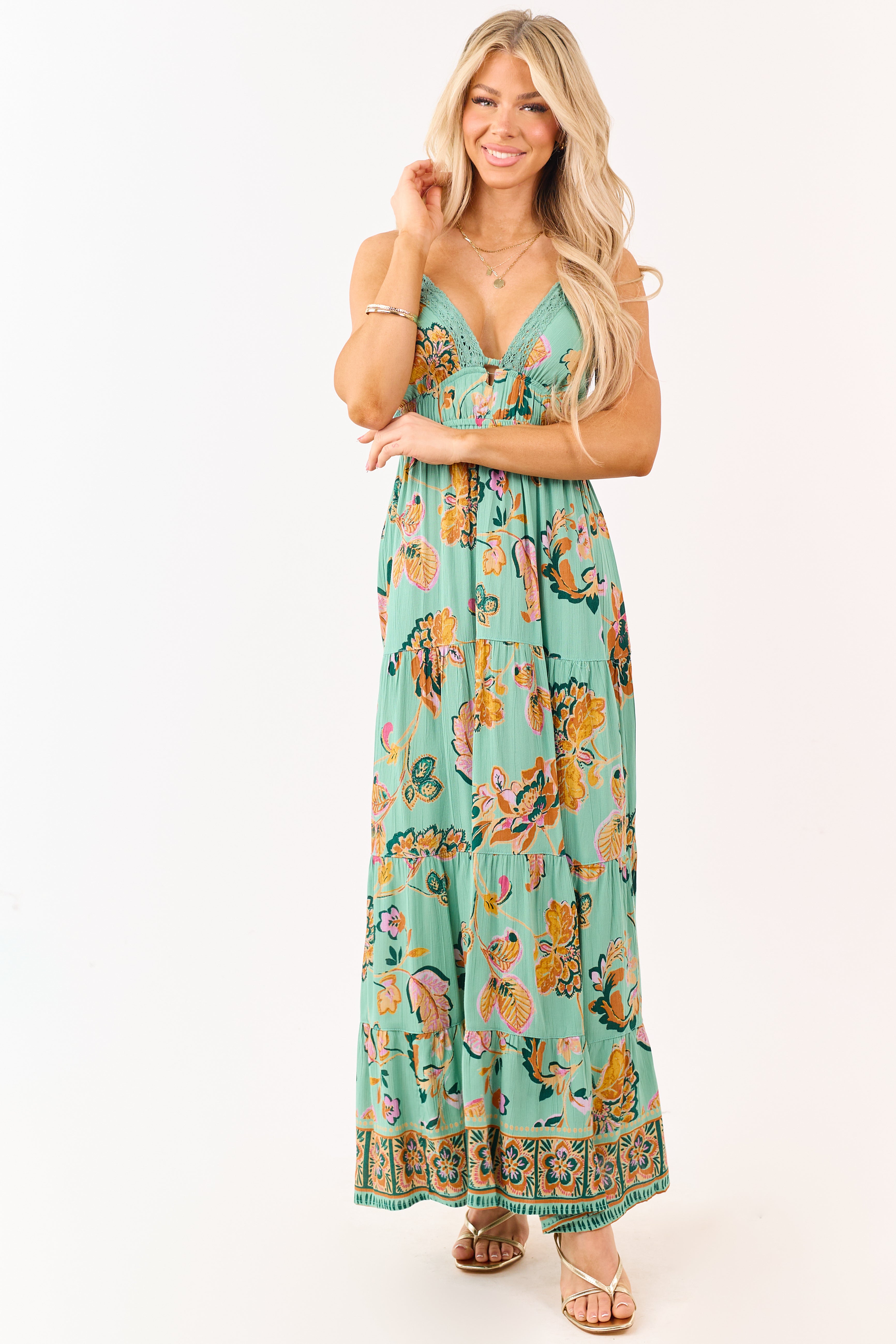 Jungle Green Floral Print Lace Trim Maxi Dress
