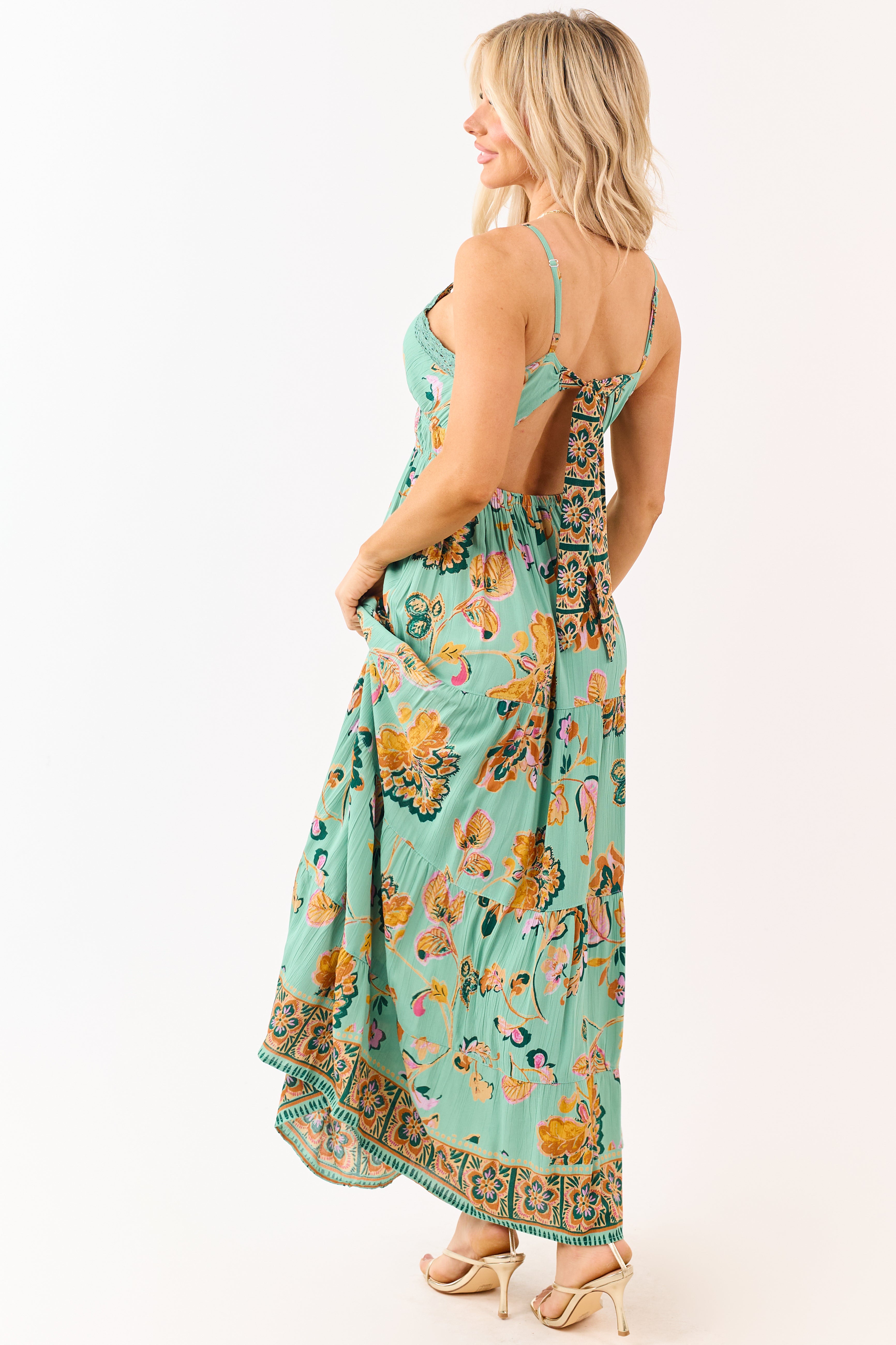 Jungle Green Floral Print Lace Trim Maxi Dress