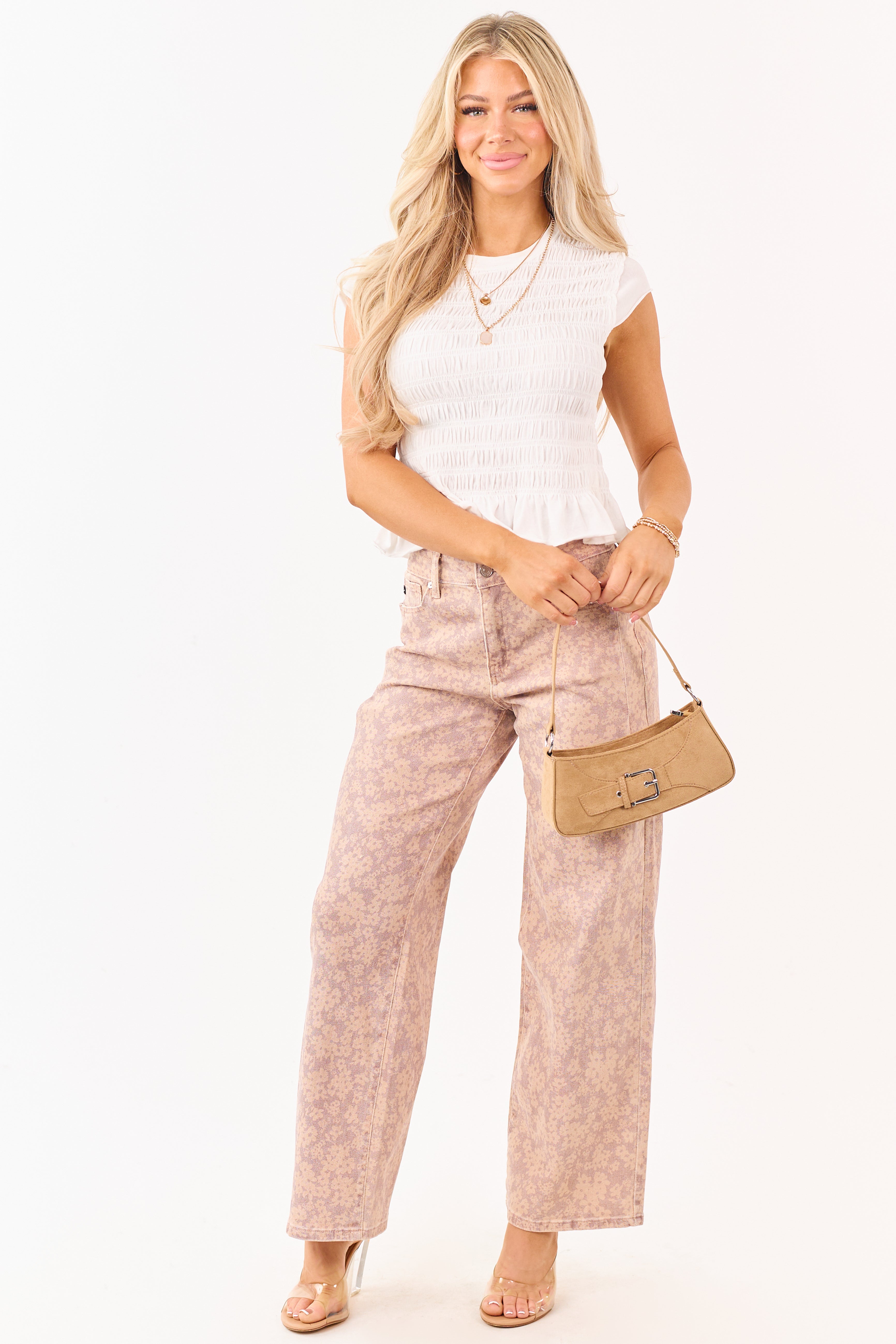PREORDER KanCan Mauve Floral Print Wide Leg Stretch Jeans SHIP ETA 2/26