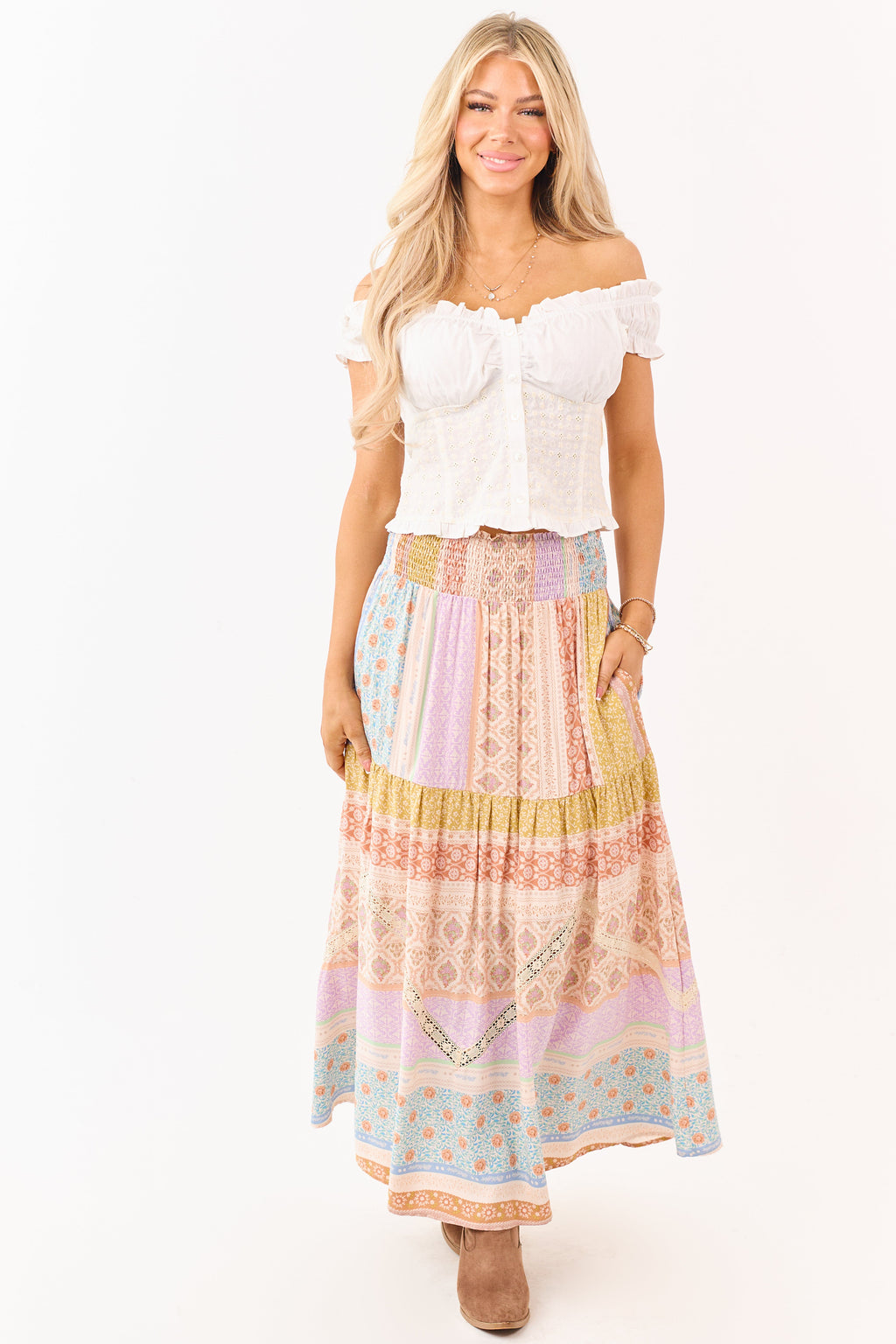 Lavender Floral Patchwork Smocked Waist Maxi Skirt