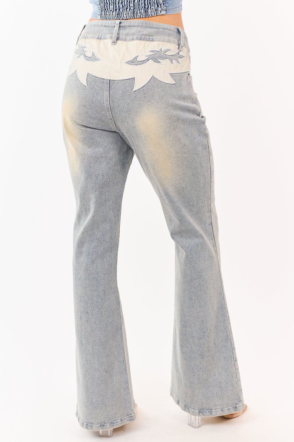 Light Stone Wash Western Patch Bootcut Stretch Jeans