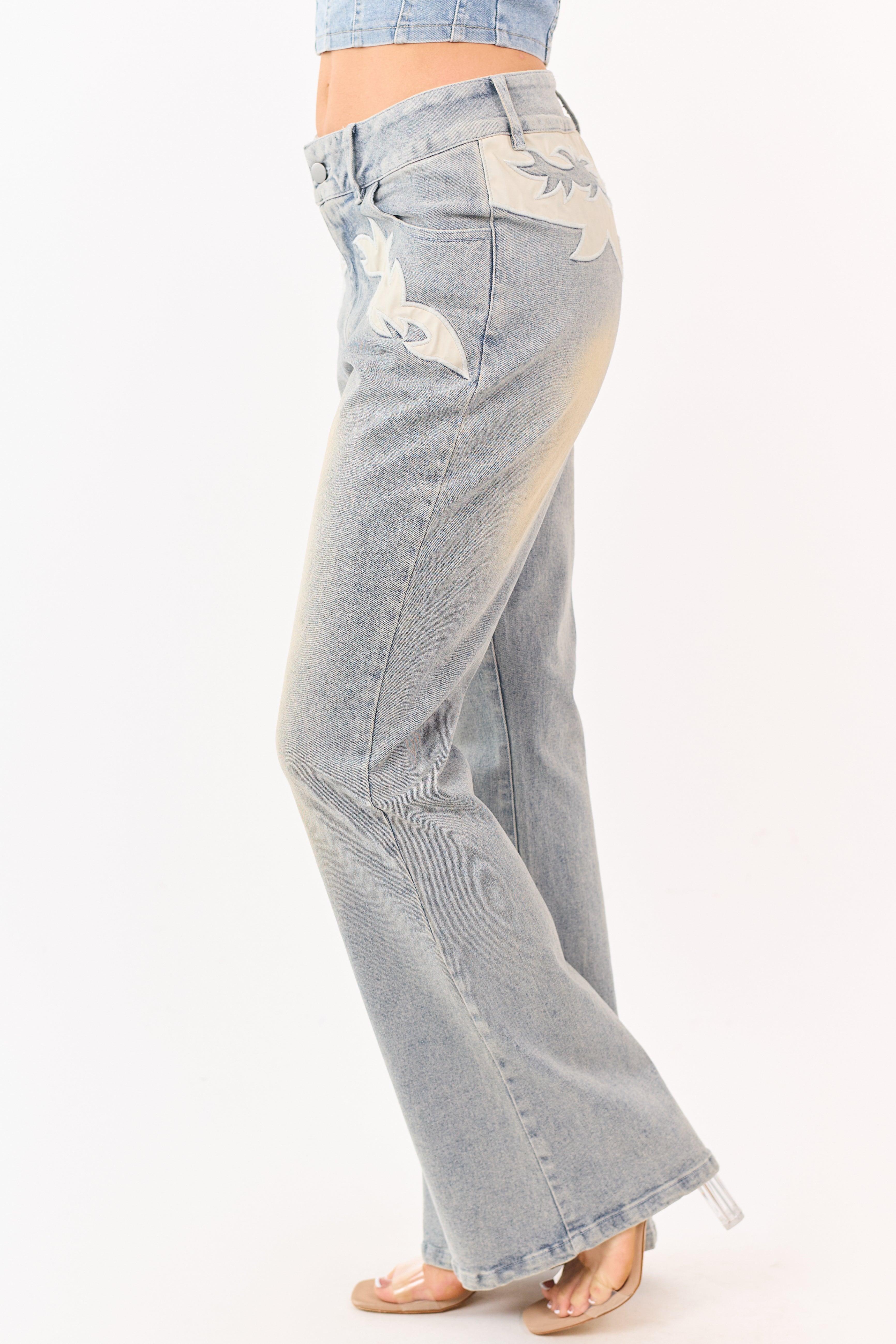 Light Stone Wash Western Patch Bootcut Stretch Jeans
