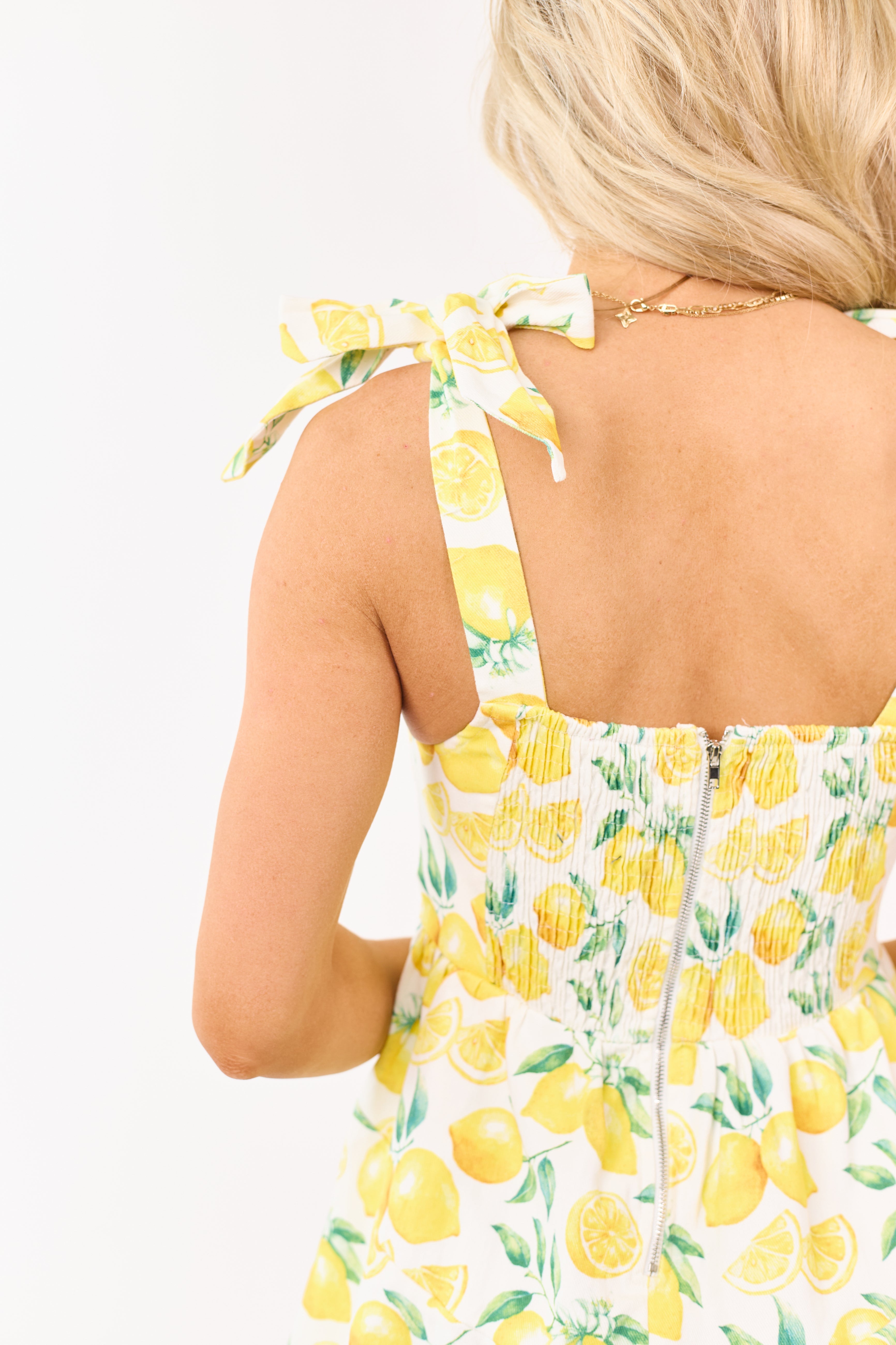Lovelo Ivory Lemon Print Denim Sleeveless Mini Dress