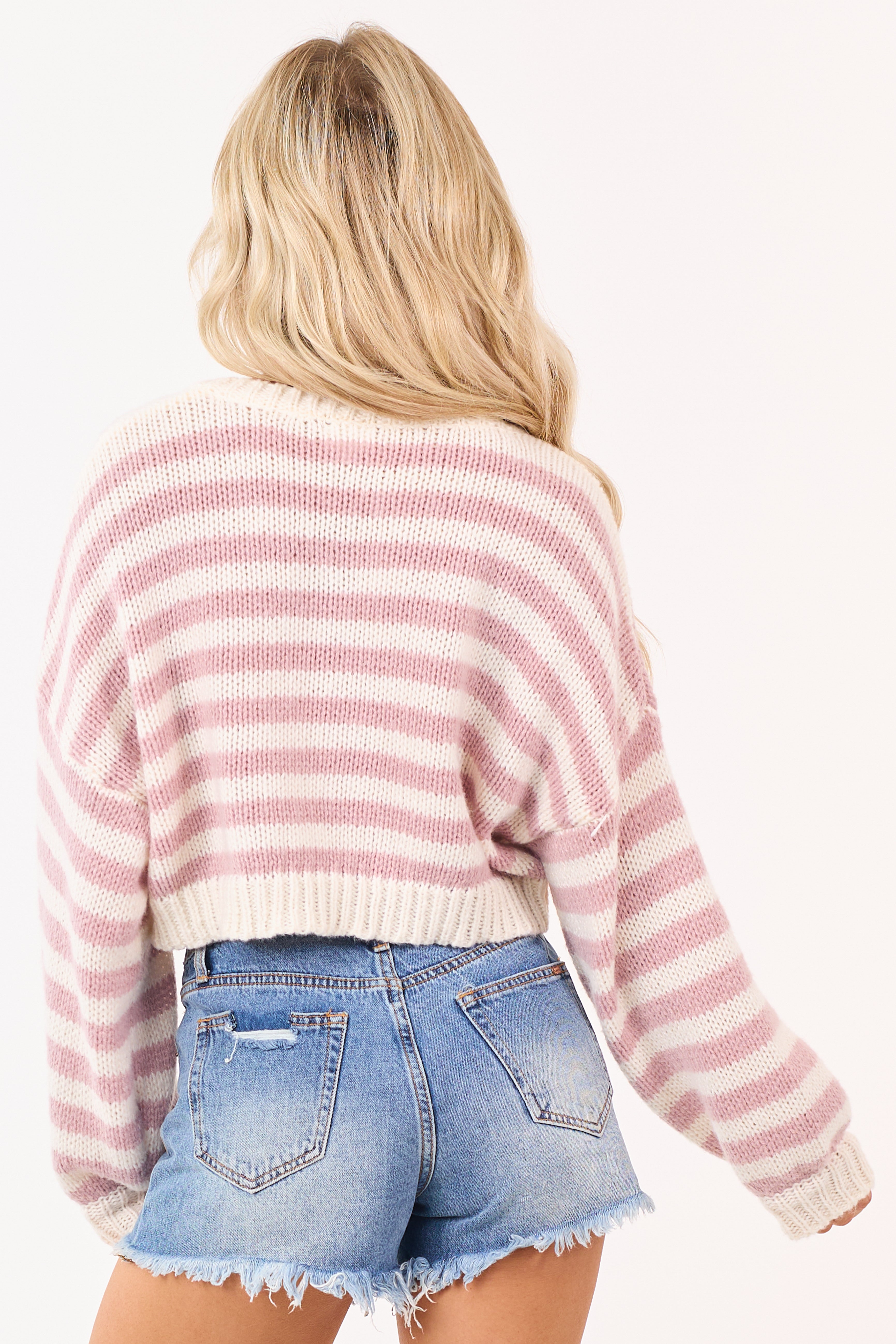 Mauve and Ivory Striped Cropped Boxy Sweater