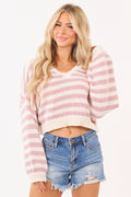 Mauve and Ivory Striped Cropped Boxy Sweater