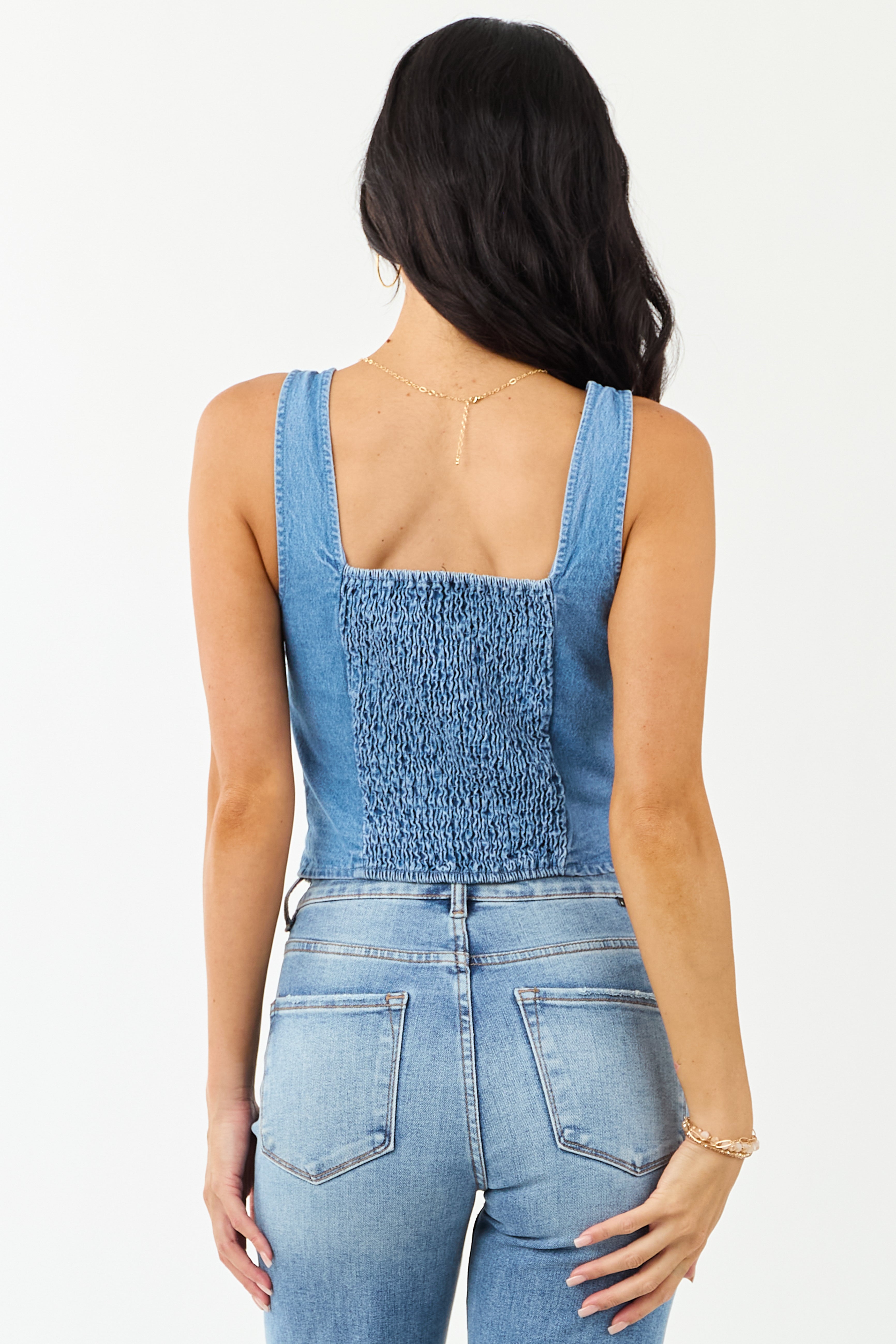 Medium Wash Denim Cropped Smocked Tank Top