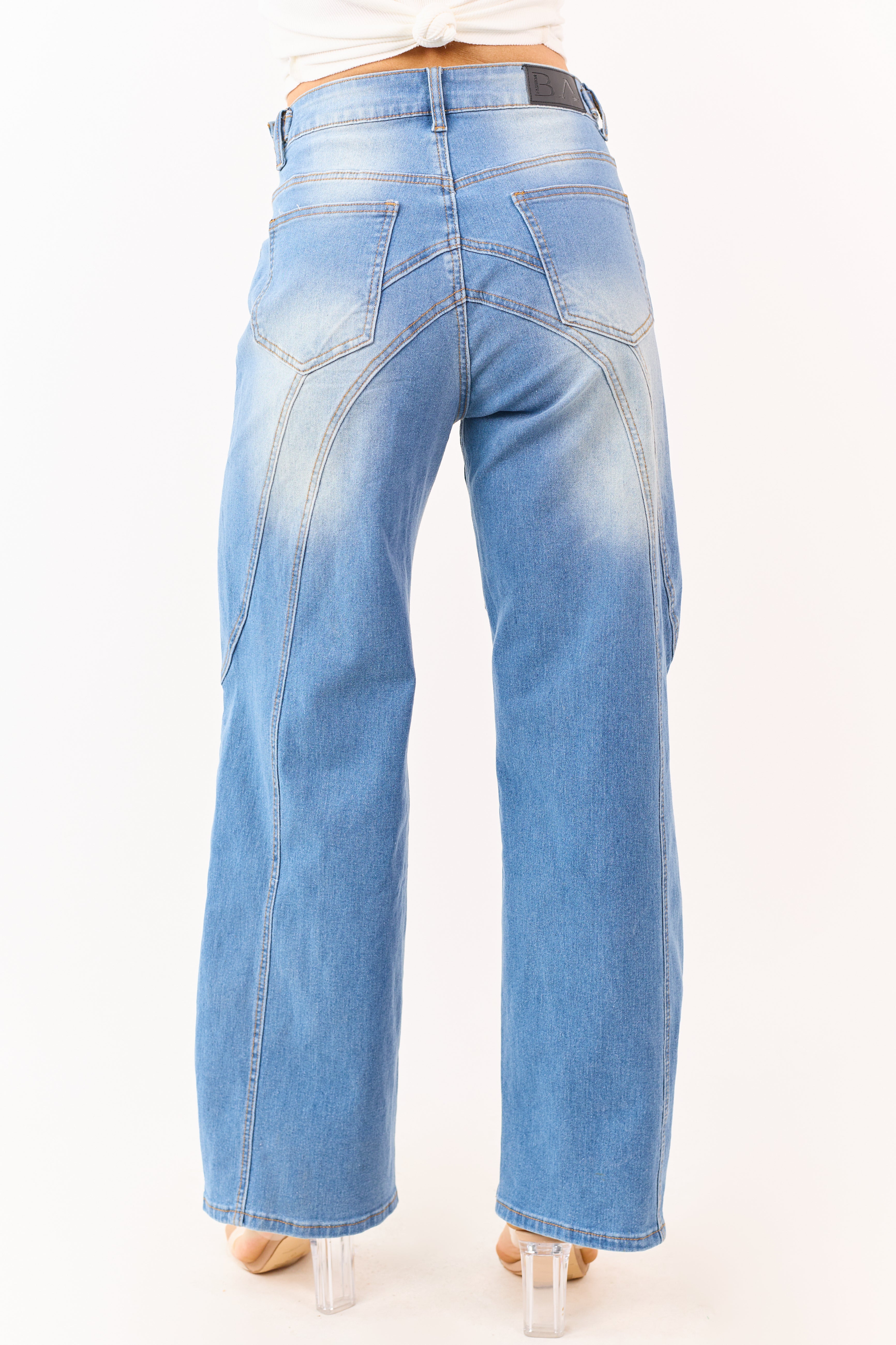 Medium Wash Seam Detailed Wide Leg Stretchy Jeans