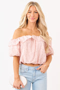 Mello Blush Abstract Print Off the Shoulder Ruffle Top