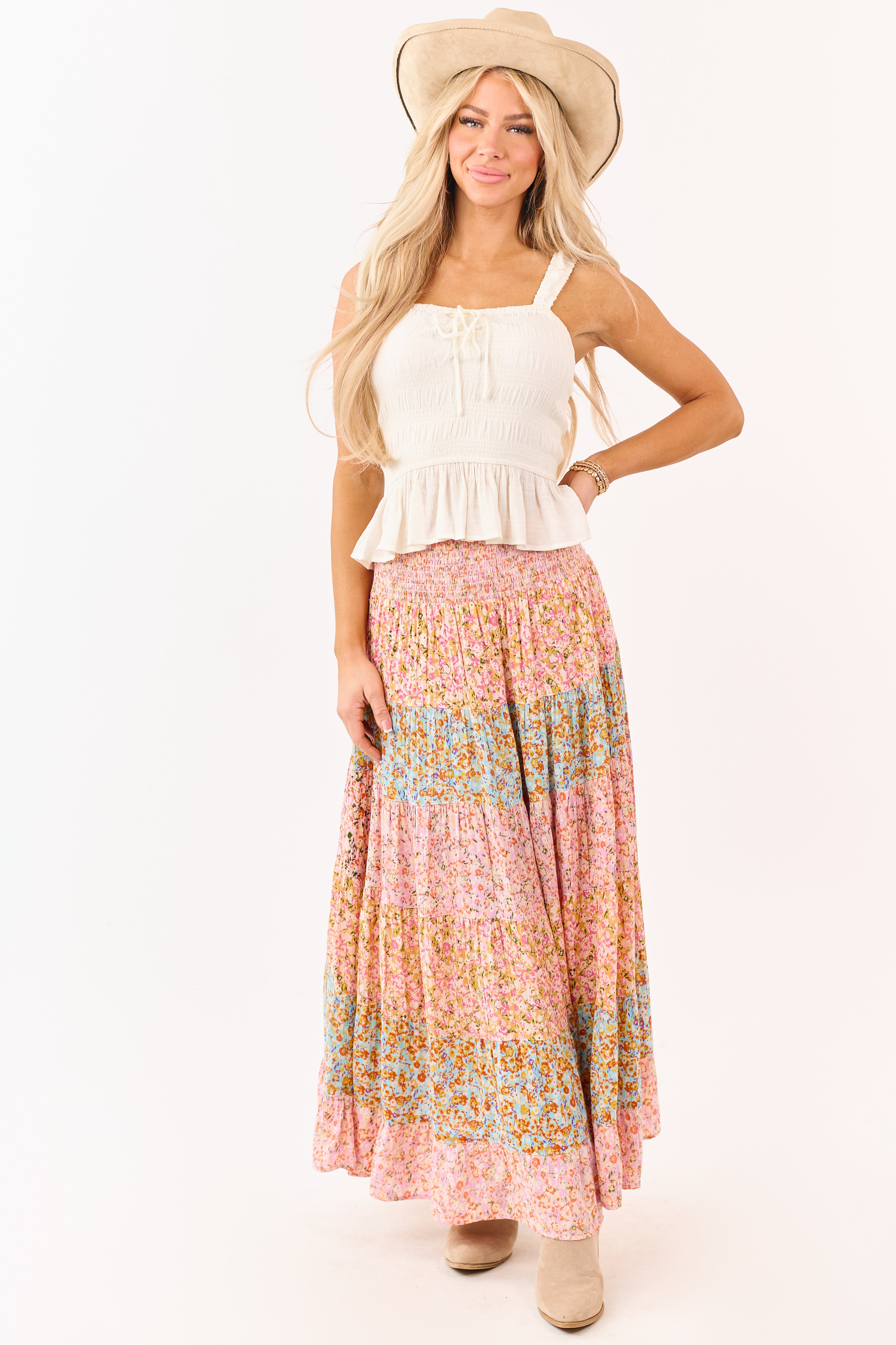Multicolor Floral Print Colorblock Tiered Maxi Skirt