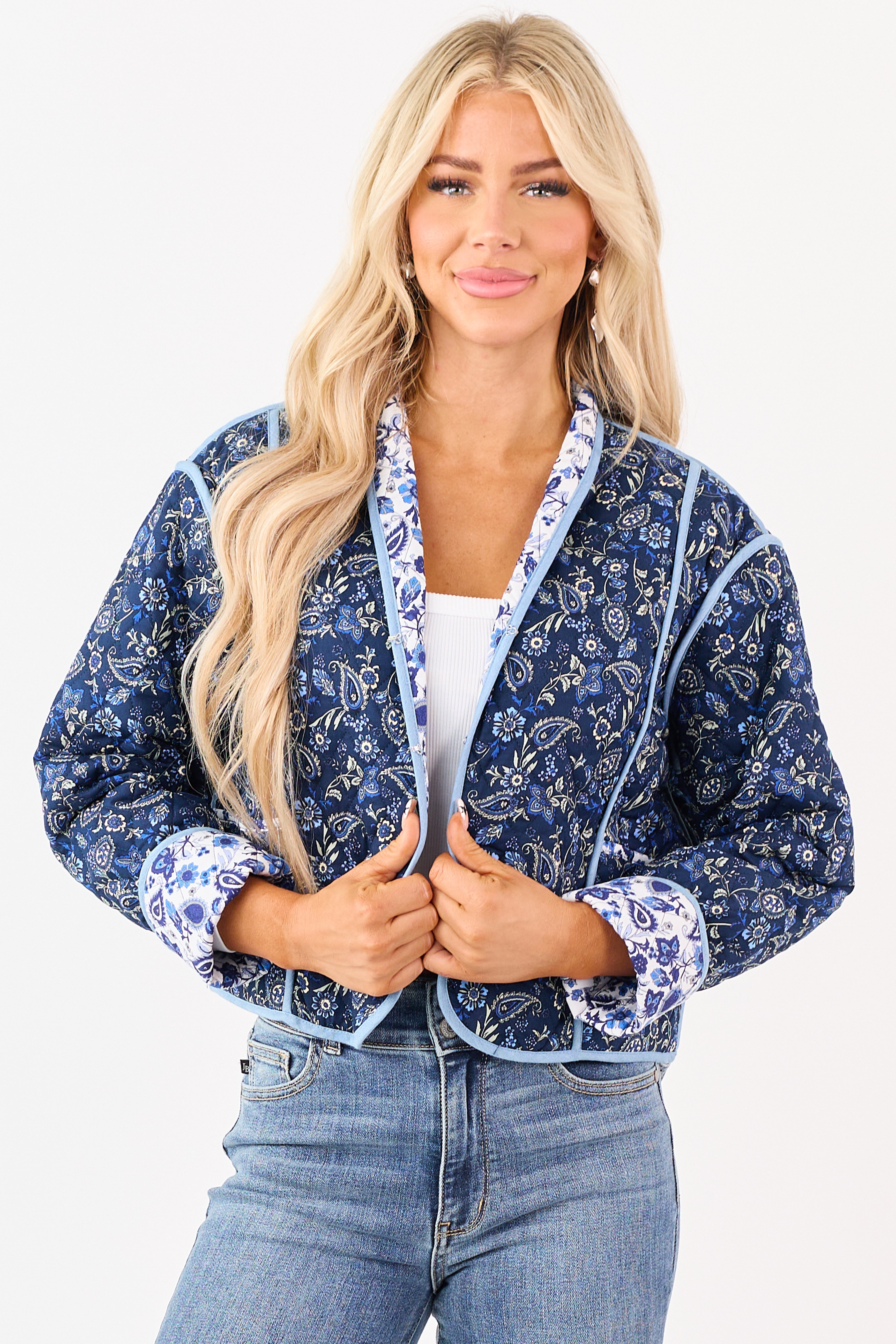 Navy Quilted Floral Print Reversible Cotton Jacket
