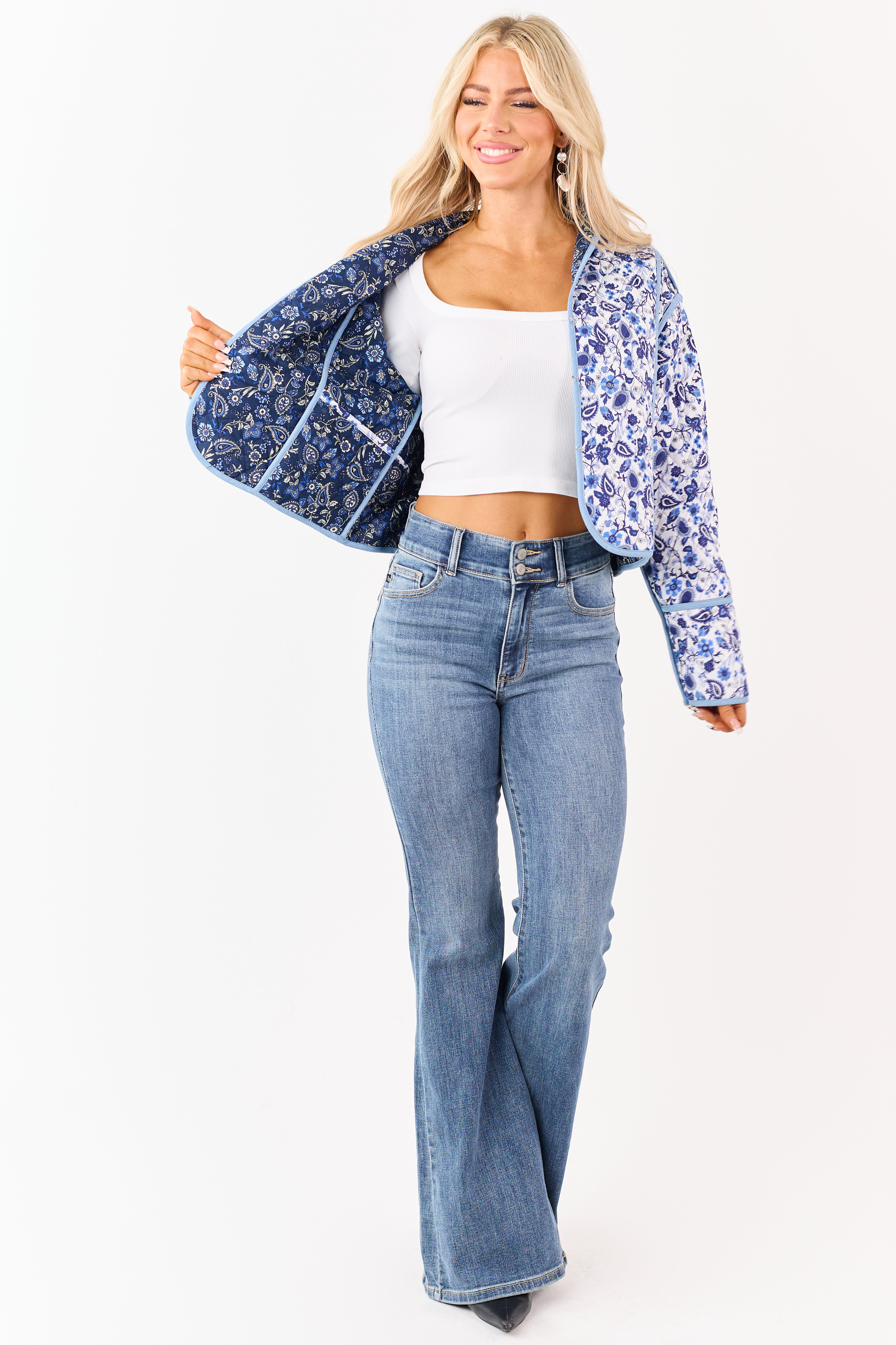 Navy Quilted Floral Print Reversible Cotton Jacket