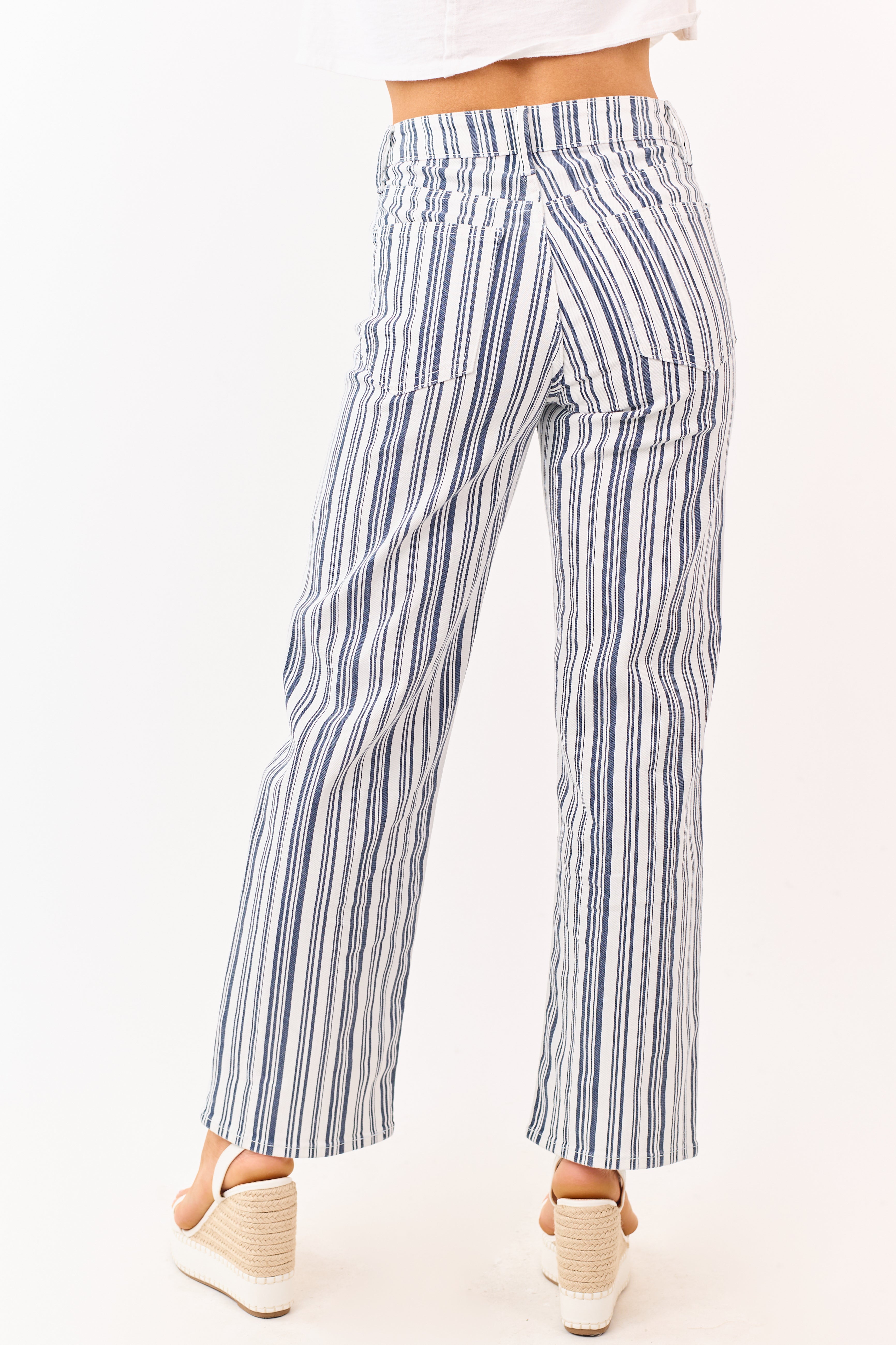 Navy Striped High Rise Straight Stretchy Jeans