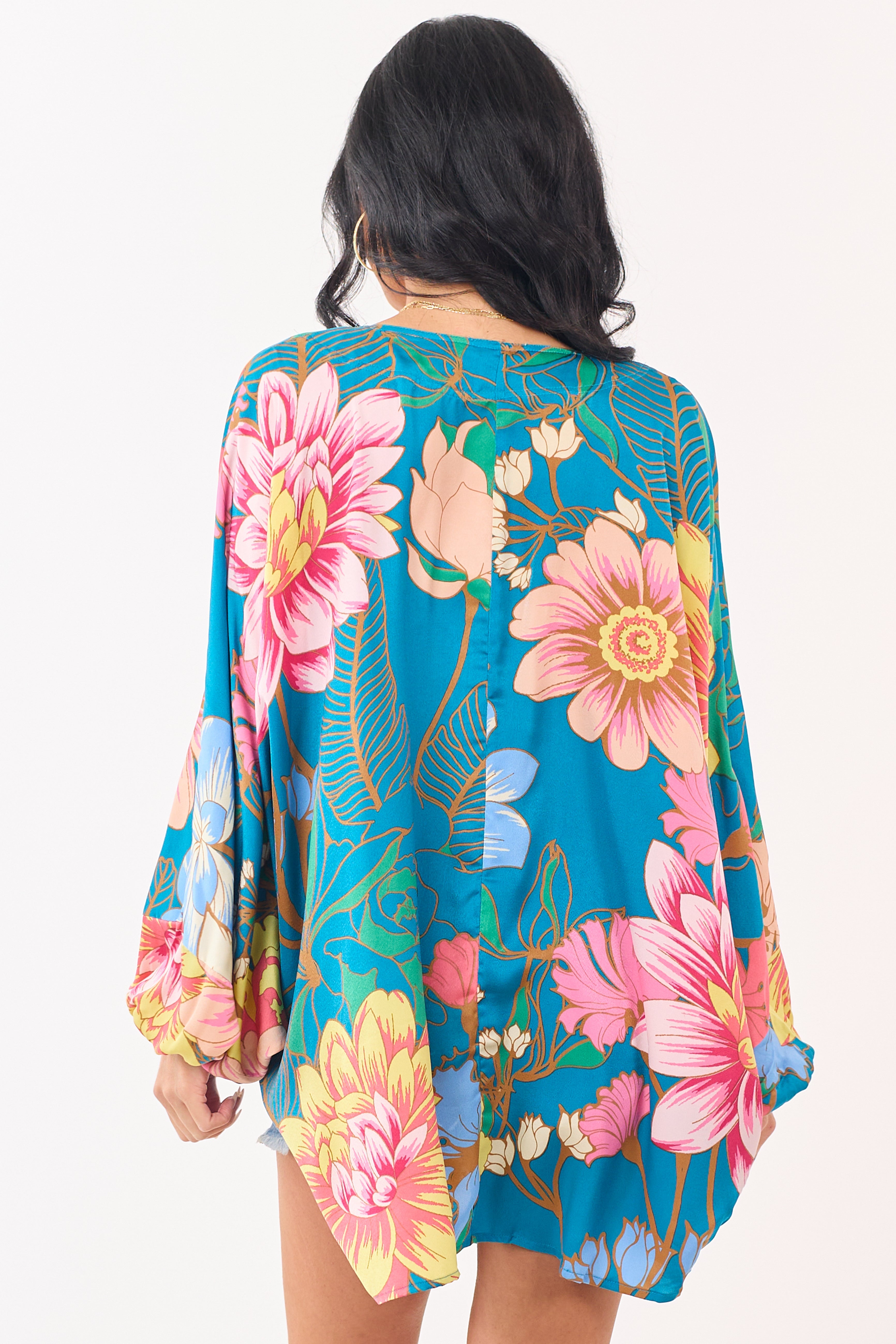Ocean Floral Print Open Front Satin Kimono