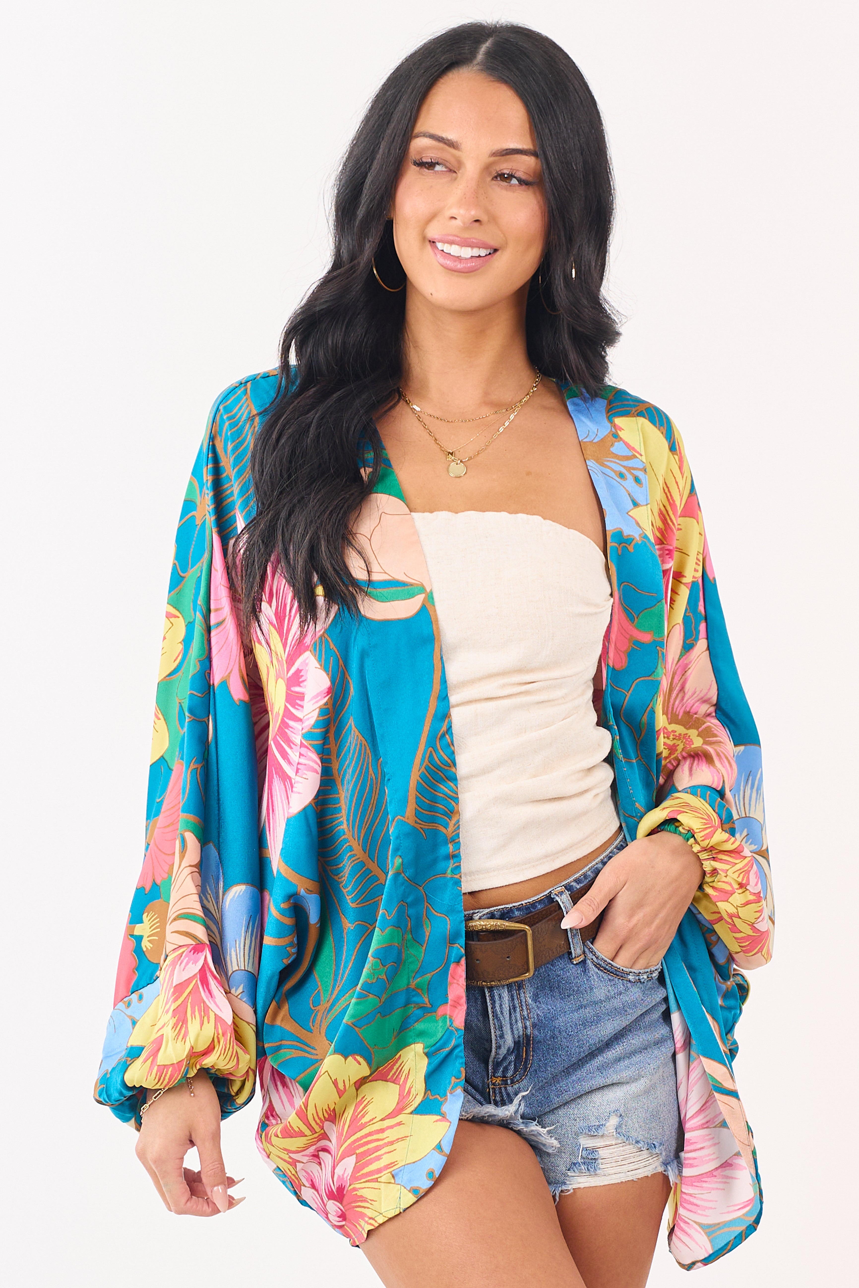 Ocean Floral Print Open Front Satin Kimono