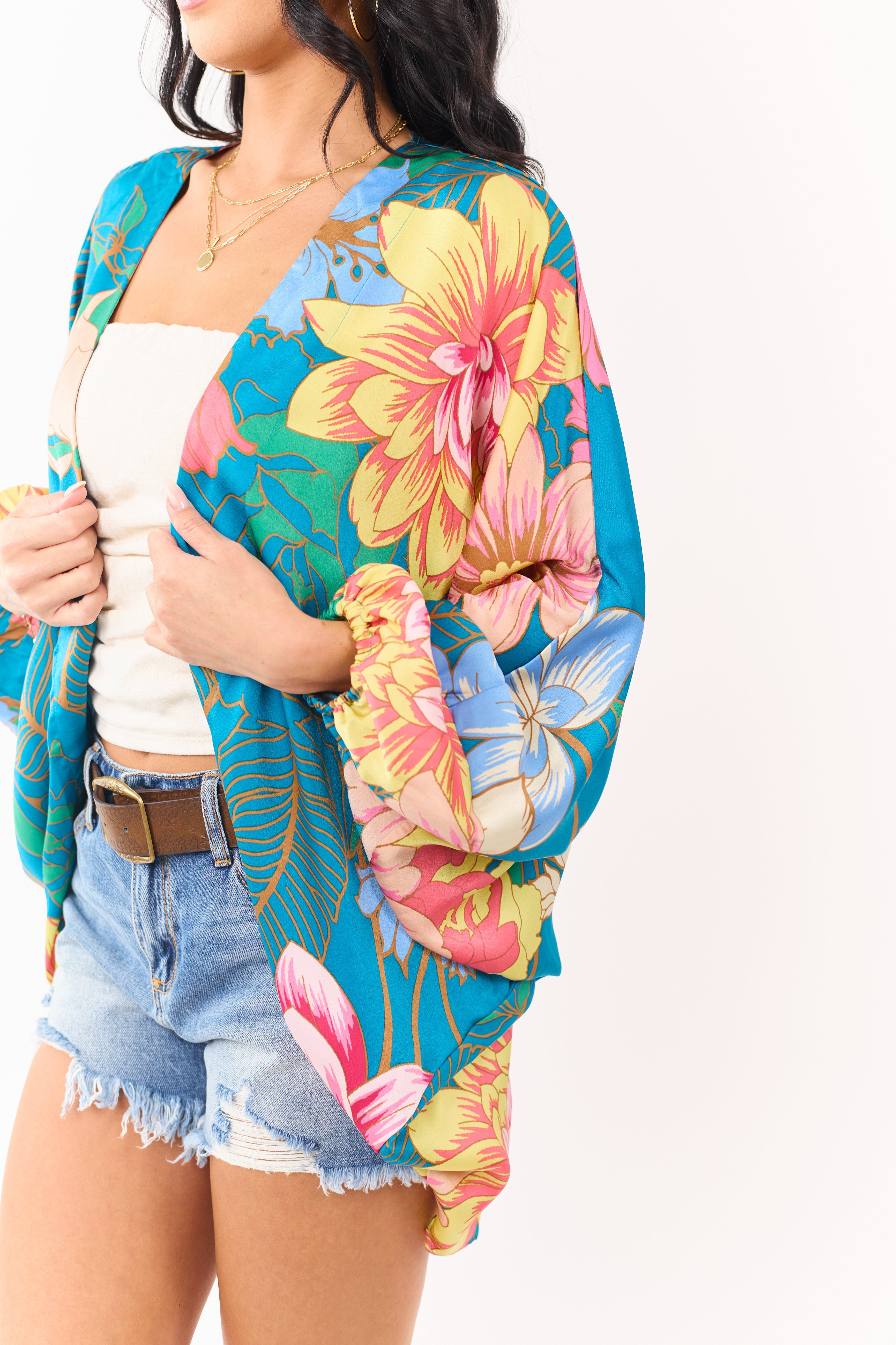 Ocean Floral Print Open Front Satin Kimono
