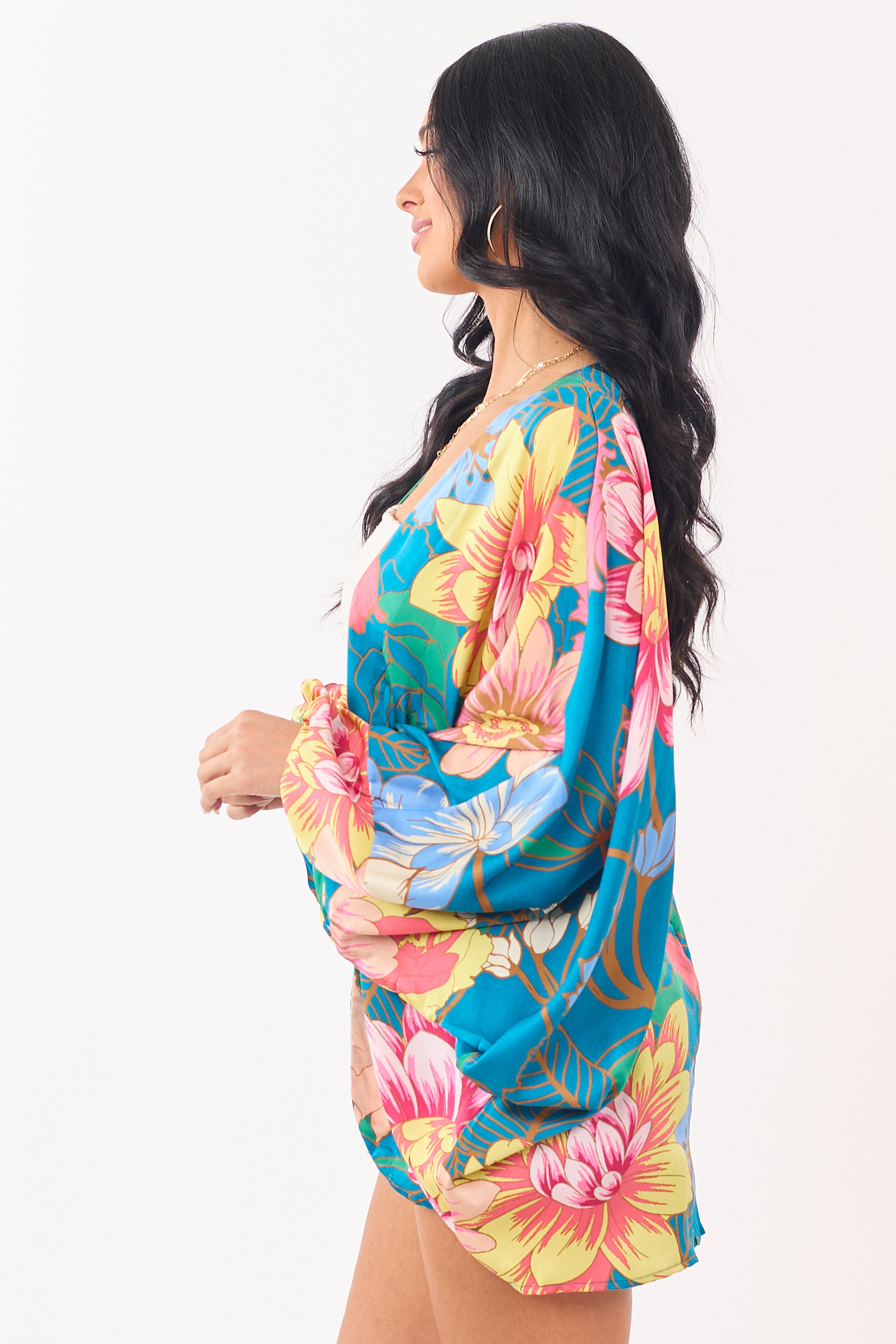 Ocean Floral Print Open Front Satin Kimono