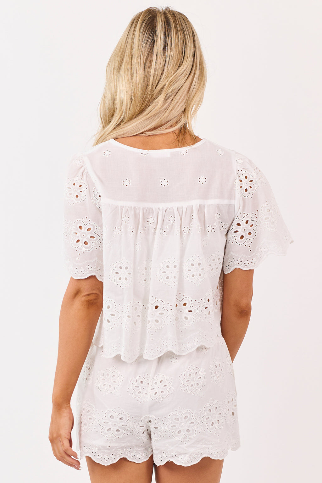 Off White Open Eyelet Lace Top and Shorts Set