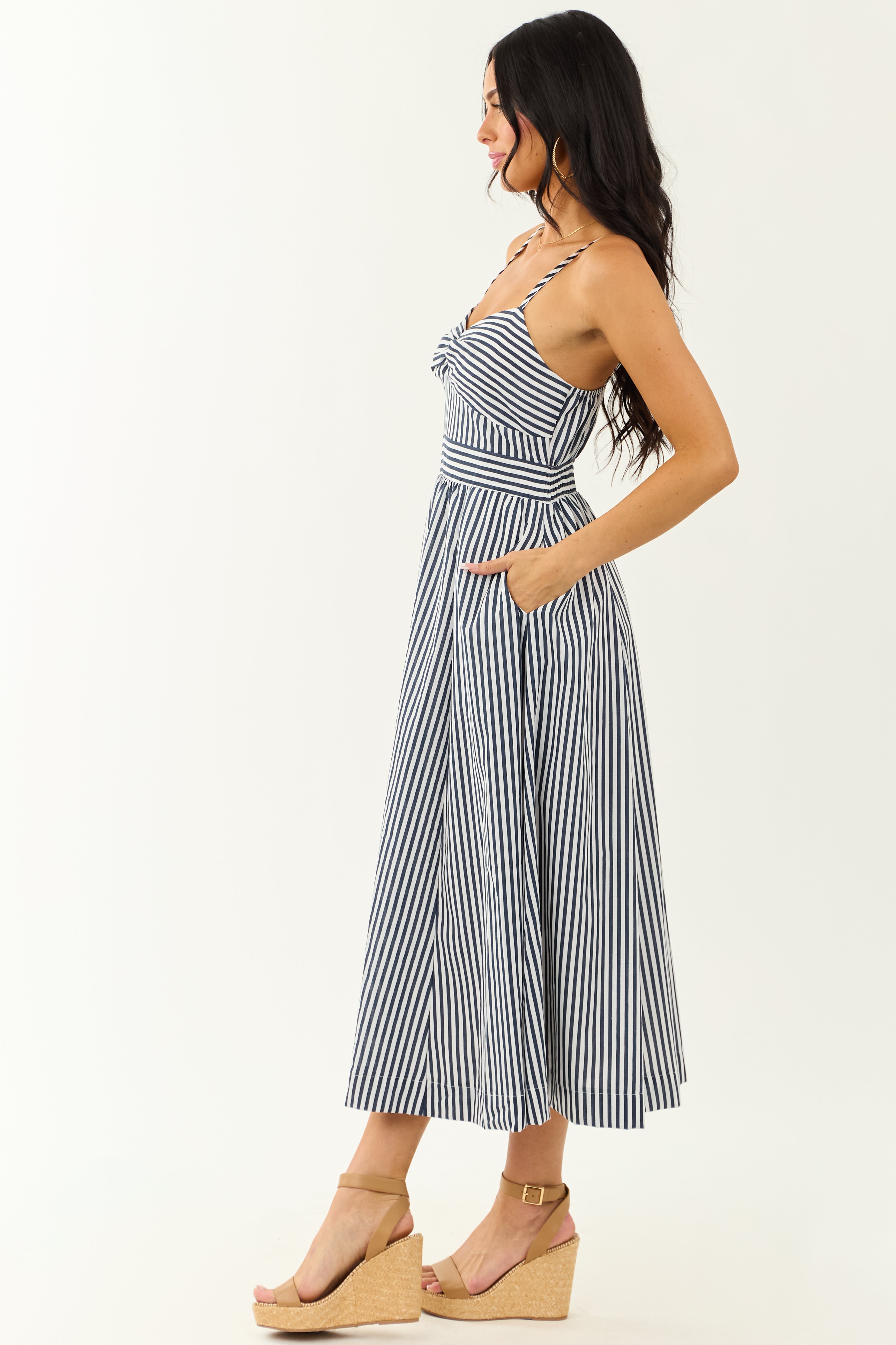 Off White and Navy Striped Sweetheart Midi Dress
