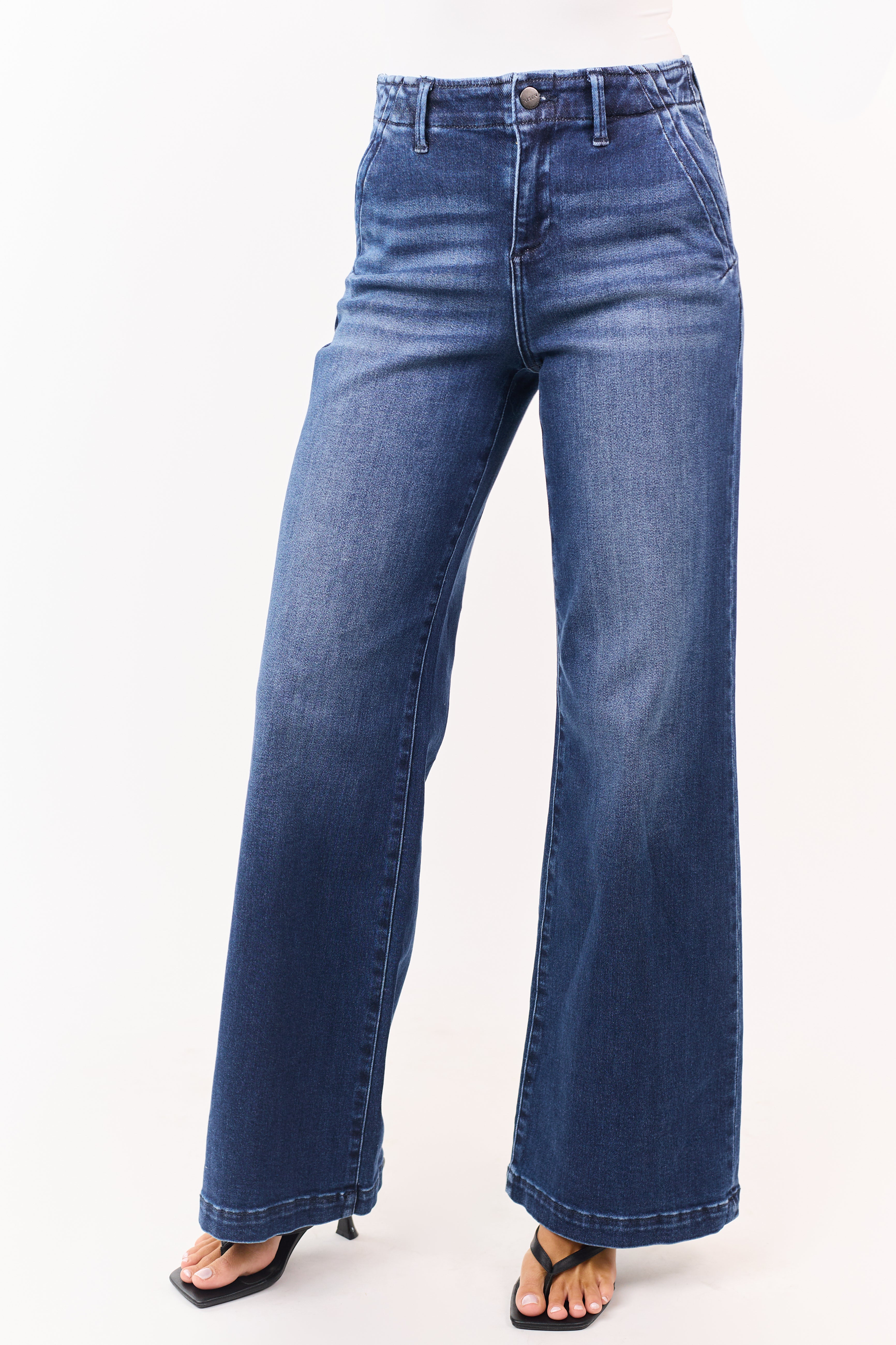 Risen Dark Wash High Rise Stretchy Wide Leg Jeans