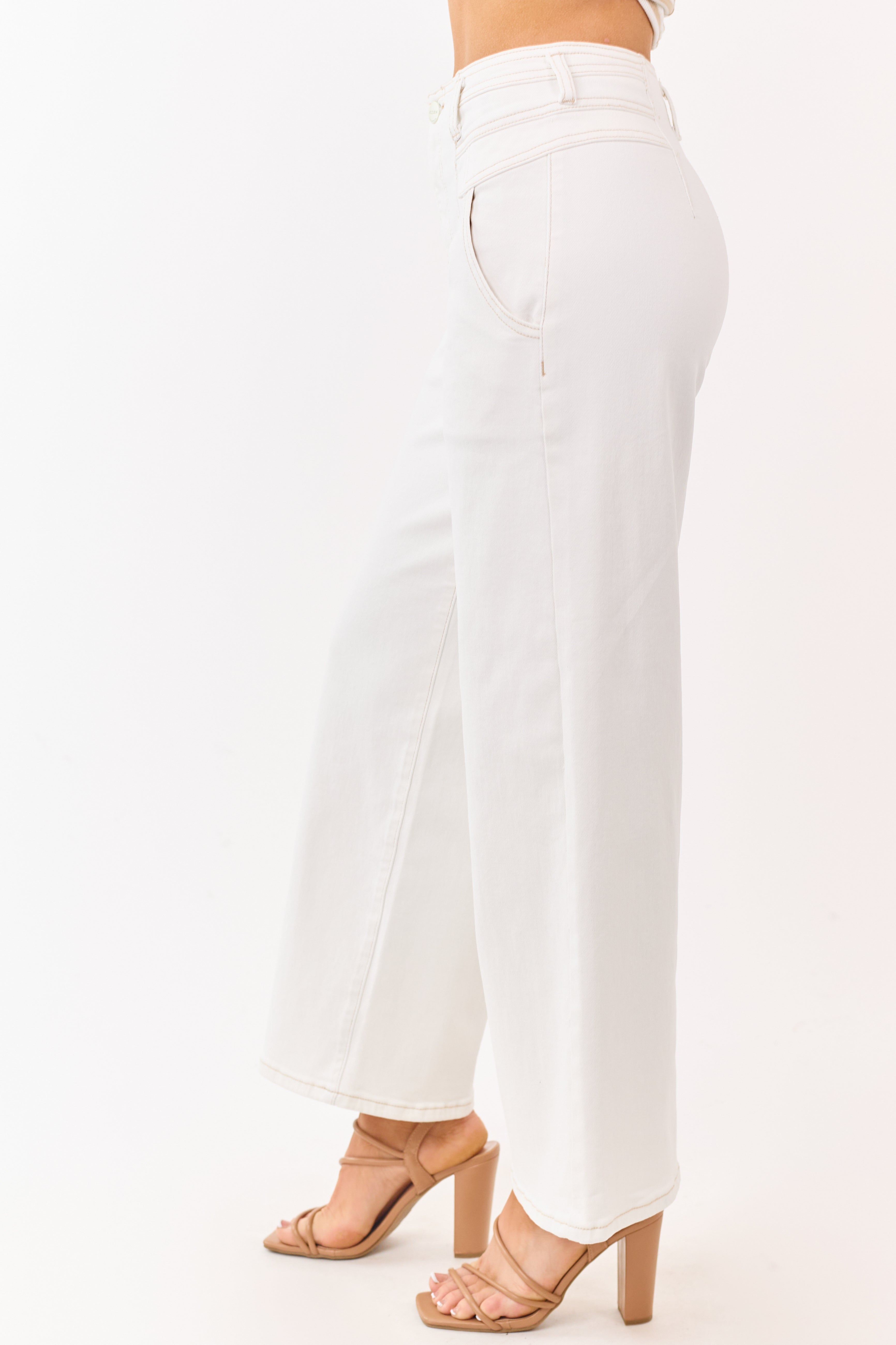 Risen Ivory Contrast Stitch Stretchy Wide Leg Jeans