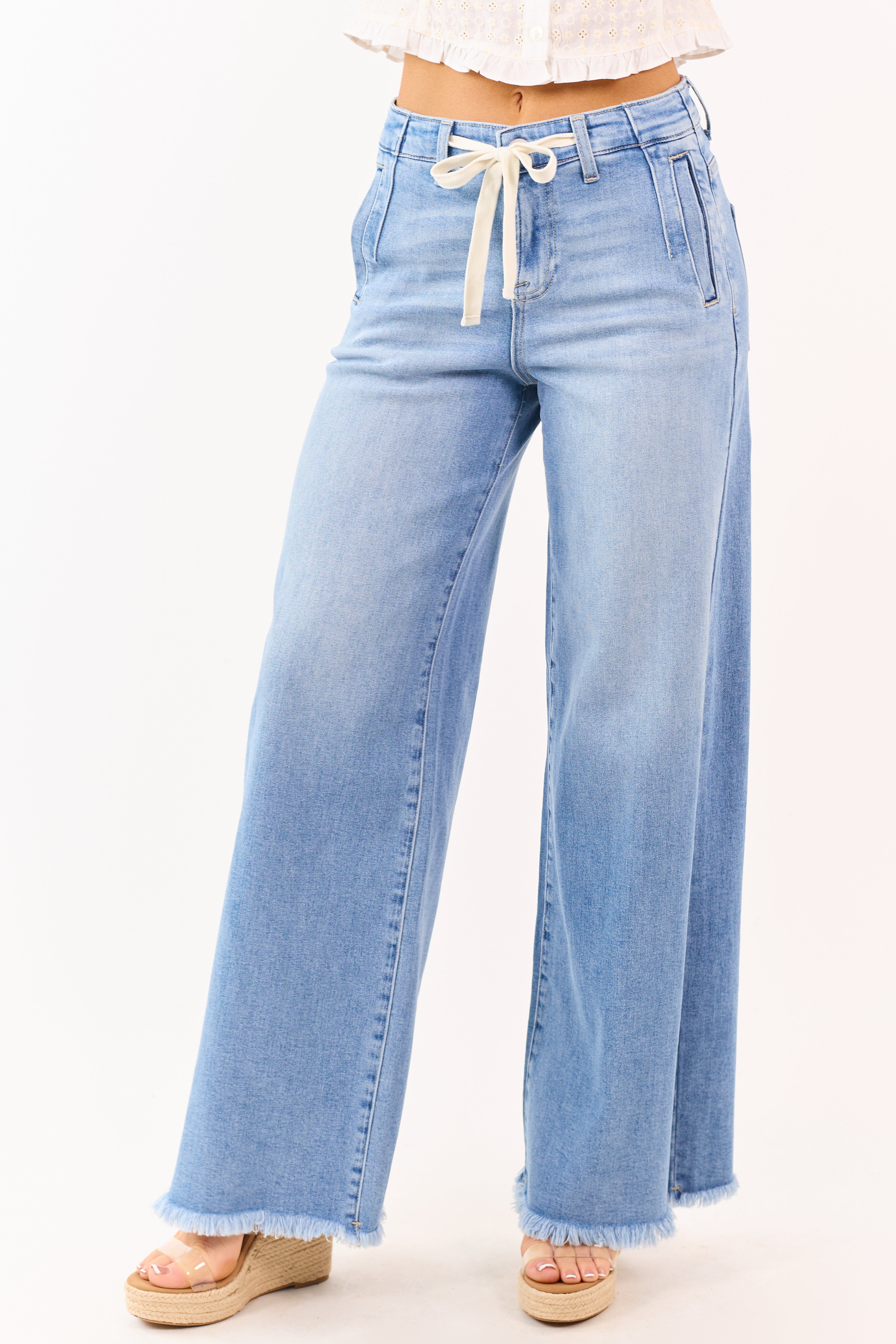 Risen Light Wash High Rise Wide Leg Drawstring Jeans