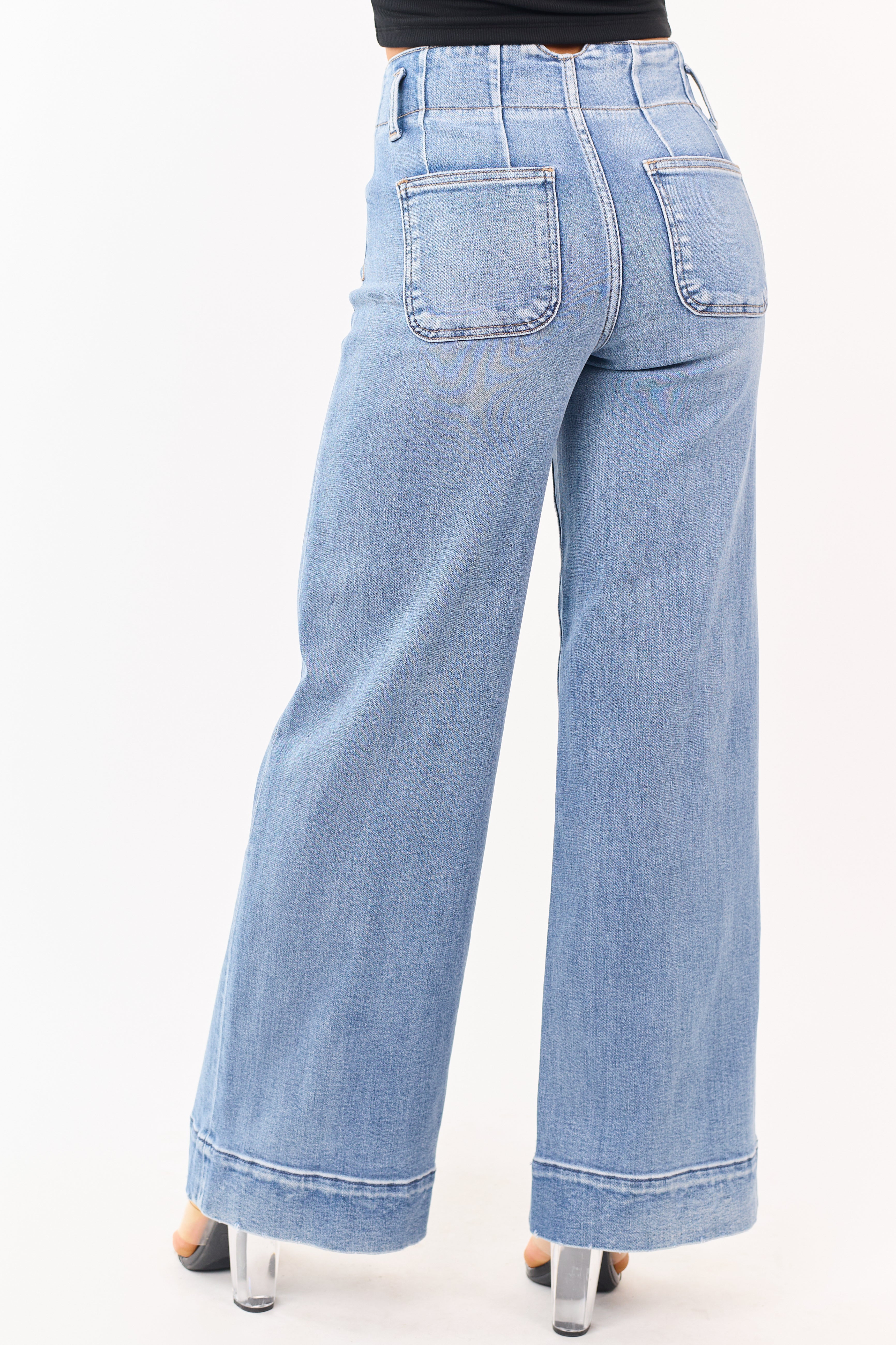 Risen Medium Wash Waist Seam Wide Leg Stretchy Jeans