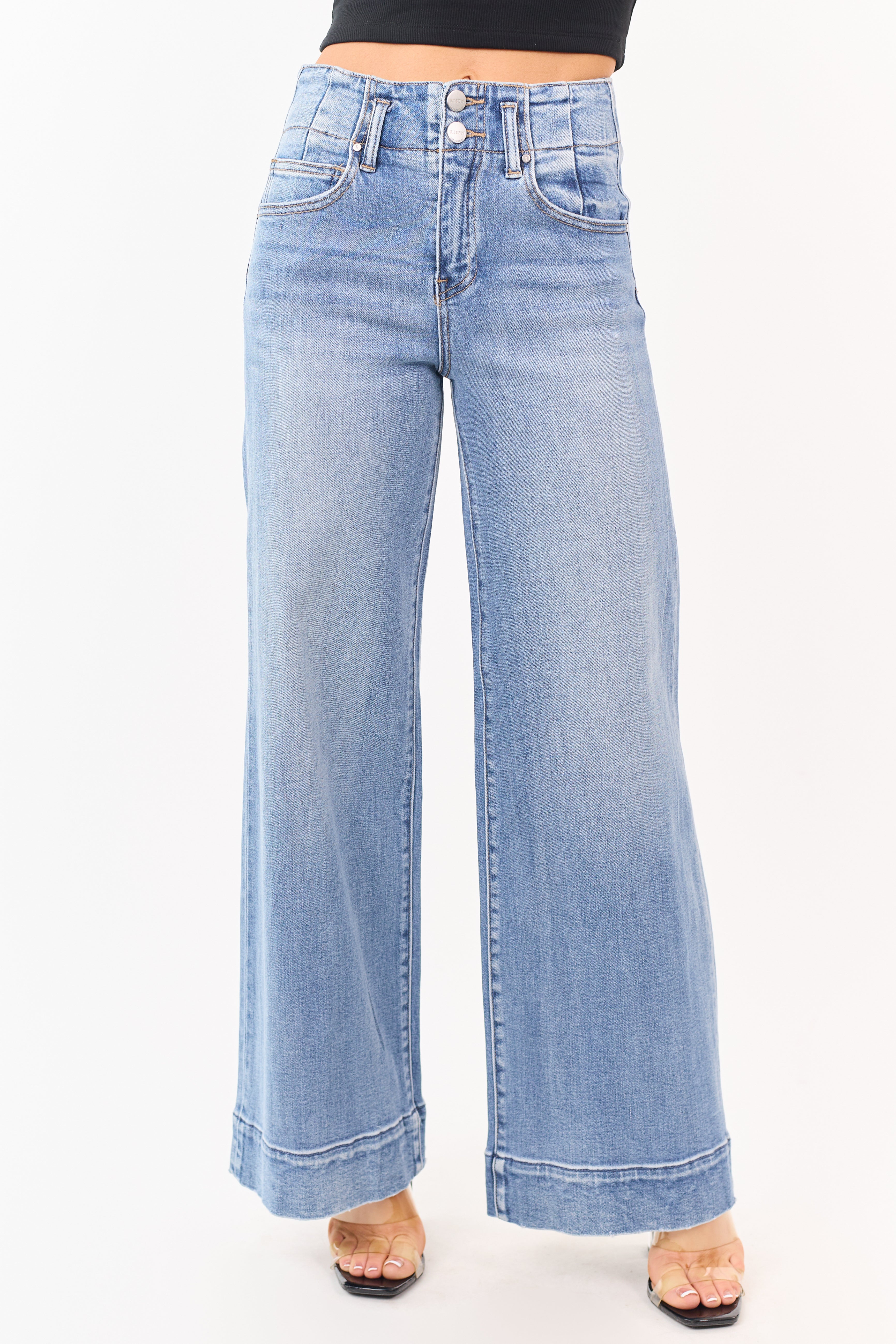 Risen Medium Wash Waist Seam Wide Leg Stretchy Jeans